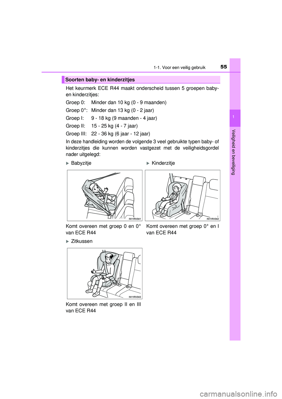 TOYOTA RAV4 HYBRID 2016  Instructieboekje (in Dutch) 551-1. Voor een veilig gebruik
1
RAV4-HV_OM_OM42A57E_(EE)
Veiligheid en beveiliging
Het keurmerk ECE R44 maakt onderscheid tussen 5 groepen baby-
en kinderzitjes:
Groep 0: Minder dan 10 kg (0 - 9 maan