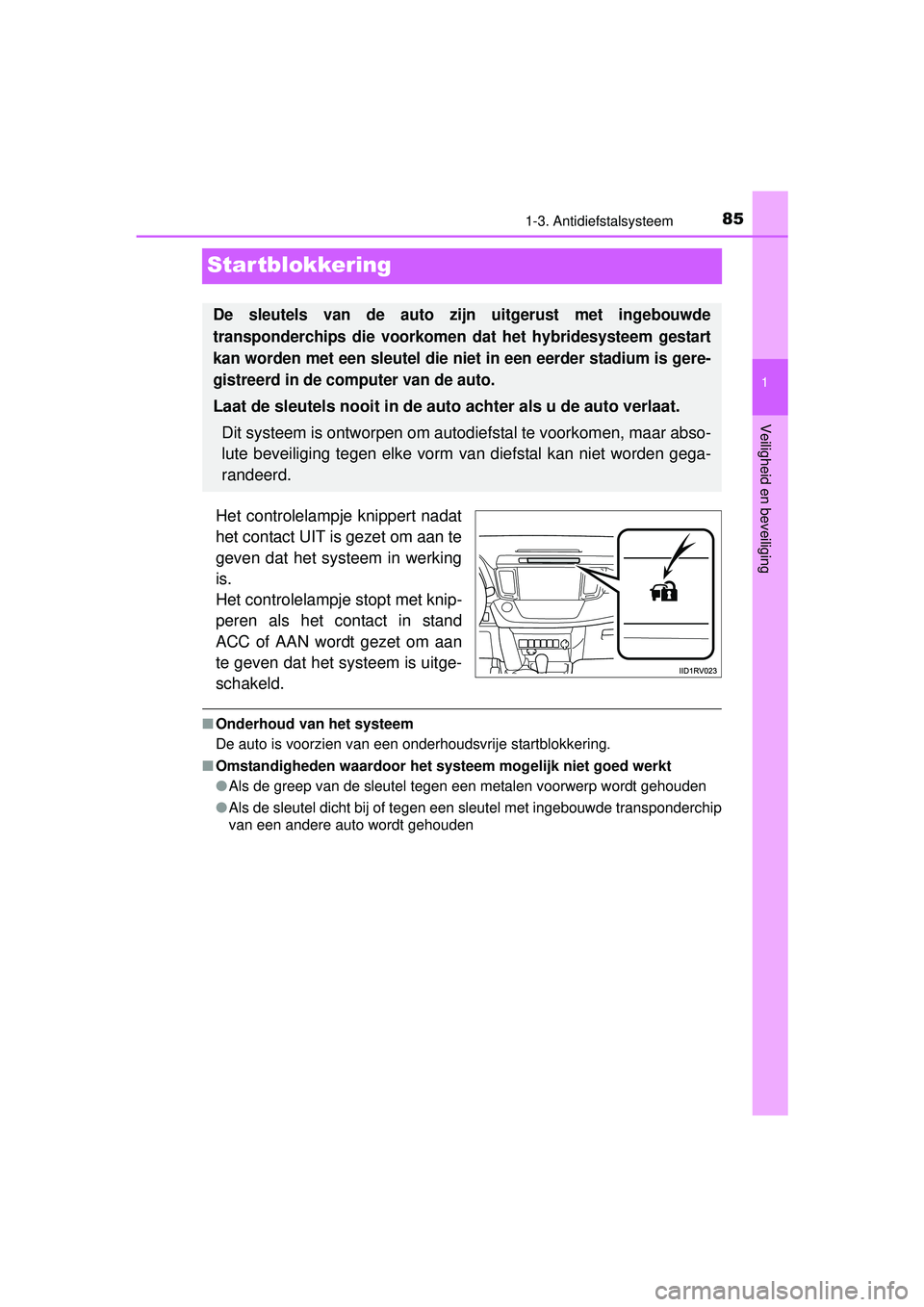 TOYOTA RAV4 HYBRID 2016  Instructieboekje (in Dutch) 85
1
1-3. Antidiefstalsysteem
RAV4-HV_OM_OM42A57E_(EE)
Veiligheid en beveiliging
Startblokkering
Het controlelampje knippert nadat
het contact UIT is gezet om aan te
geven dat het systeem in werking
i