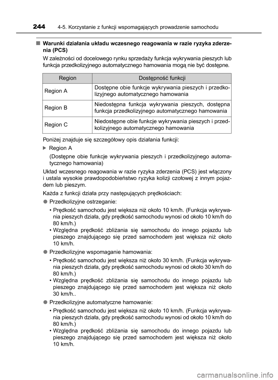 TOYOTA RAV4 HYBRID 2016  Instrukcja obsługi (in Polish) Warunki dzia∏ania uk∏adu wczesnego reagowania w razie ryzyka zderze-
nia (PCS)
W zale˝noÊci od docelowego rynku sprzeda˝y funkcja wykrywania pieszych lub
funkcja przedkolizyjnego automatycznego