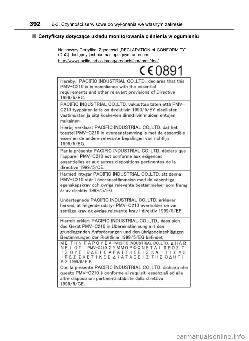 TOYOTA RAV4 HYBRID 2016  Instrukcja obsługi (in Polish) Certyfikaty dotyczàce uk∏adu monitorowania ciÊnienia w ogumieniu
3926-3. CzynnoÊci serwisowe do wykonania we w∏asnym zakresie
Najnowszy Cer tyfikat ZgodnoÊci „DECLARATION of CONFORMITY”
(D