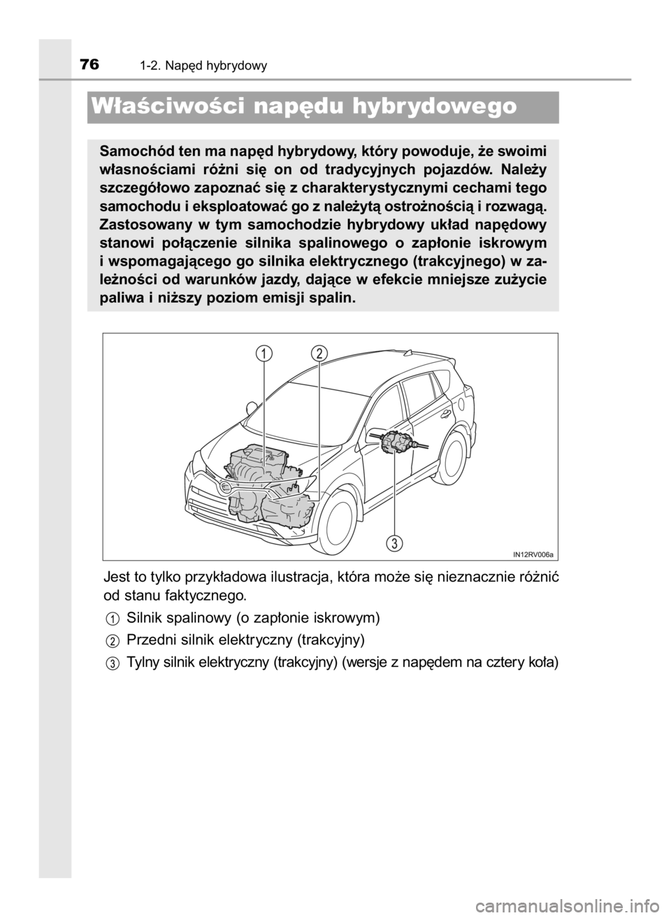 TOYOTA RAV4 HYBRID 2016  Instrukcja obsługi (in Polish) Jest to tylko przyk∏adowa ilustracja, która mo˝e si´ nieznacznie ró˝niç
od stanu faktycznego.
Silnik spalinowy (o zap∏onie iskrowym)
Przedni silnik elektryczny (trakcyjny)
Tylny silnik elekt