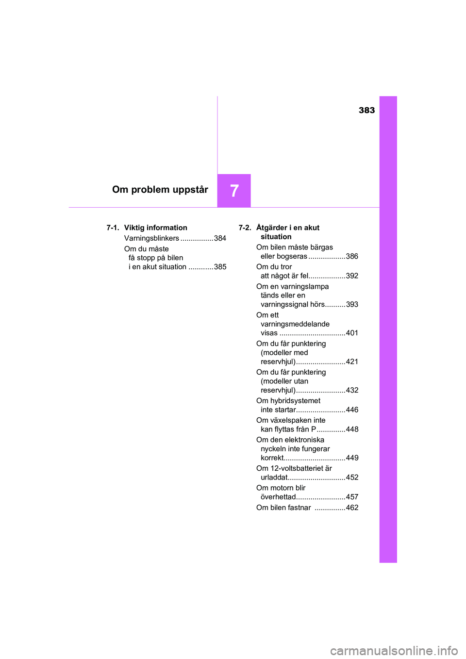 TOYOTA RAV4 HYBRID 2016 Bruksanvisningar (in Swedish) 383
7Om problem uppstår
OM42A57SE7-1. Viktig information
Varningsblinkers ................ 384
Om du måste
få stopp på bilen
i en akut situation ............ 3857-2. Åtgärder i en akut
situat TOYOTA RAV4 HYBRID 2016 Bruksanvisningar (in Swedish) 383
7Om problem uppstår
OM42A57SE7-1. Viktig information
Varningsblinkers ................ 384
Om du måste
få stopp på bilen
i en akut situation ............ 3857-2. Åtgärder i en akut
situat
