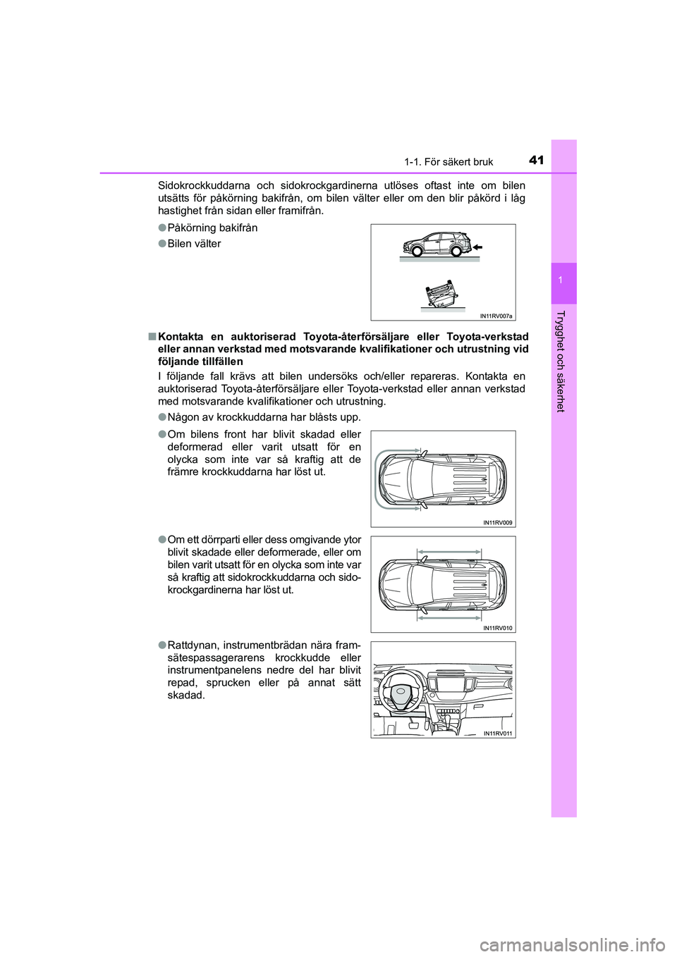 TOYOTA RAV4 HYBRID 2016 Bruksanvisningar (in Swedish) 411-1. För säkert bruk
1
OM42A57SE
Trygghet och säkerhet
Sidokrockkuddarna och sidokrockgardinerna utlöses oftast inte om bilen
utsätts för påkörning bakifrån, om bilen välter eller om den b TOYOTA RAV4 HYBRID 2016 Bruksanvisningar (in Swedish) 411-1. För säkert bruk
1
OM42A57SE
Trygghet och säkerhet
Sidokrockkuddarna och sidokrockgardinerna utlöses oftast inte om bilen
utsätts för påkörning bakifrån, om bilen välter eller om den b