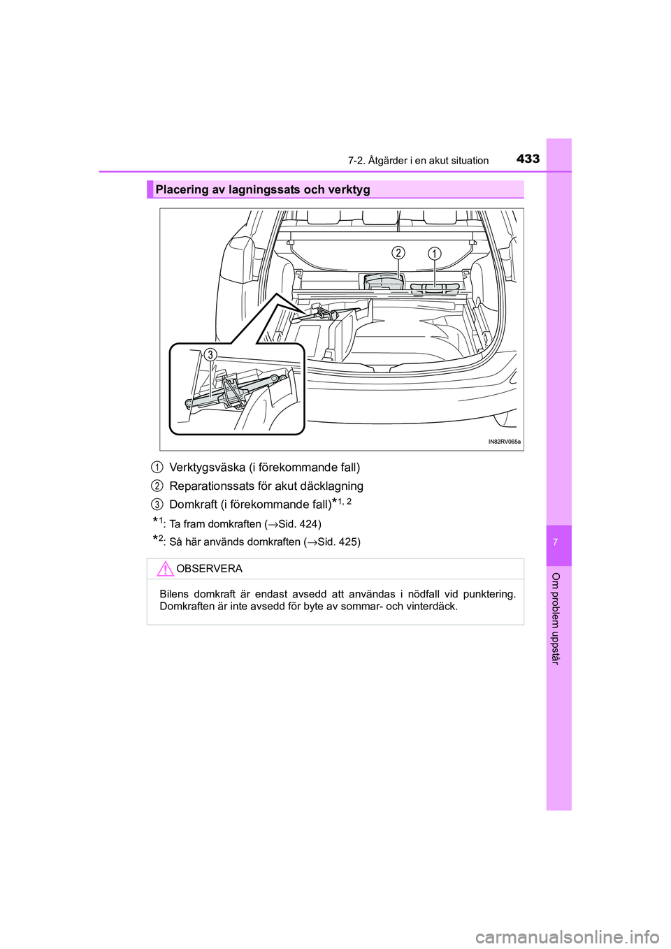 TOYOTA RAV4 HYBRID 2016  Bruksanvisningar (in Swedish) 4337-2. Åtgärder i en akut situation
OM42A57SE
7
Om problem uppstår
Verktygsväska (i förekommande fall)
Reparationssats för akut däcklagning
Domkraft (i förekommande fall)
*1, 2
*1: Ta fram do