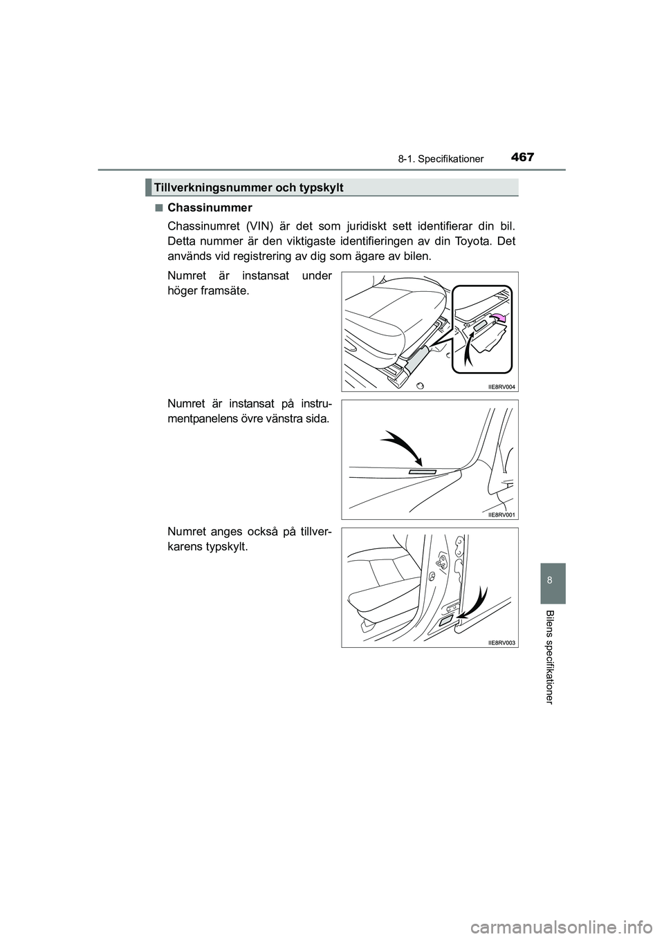 TOYOTA RAV4 HYBRID 2016  Bruksanvisningar (in Swedish) 4678-1. Specifikationer
OM42A57SE
8
Bilens specifikationer
■Chassinummer
Chassinumret (VIN) är det som juridiskt sett identifierar din bil.
Detta nummer är den viktigaste identifieringen av din To