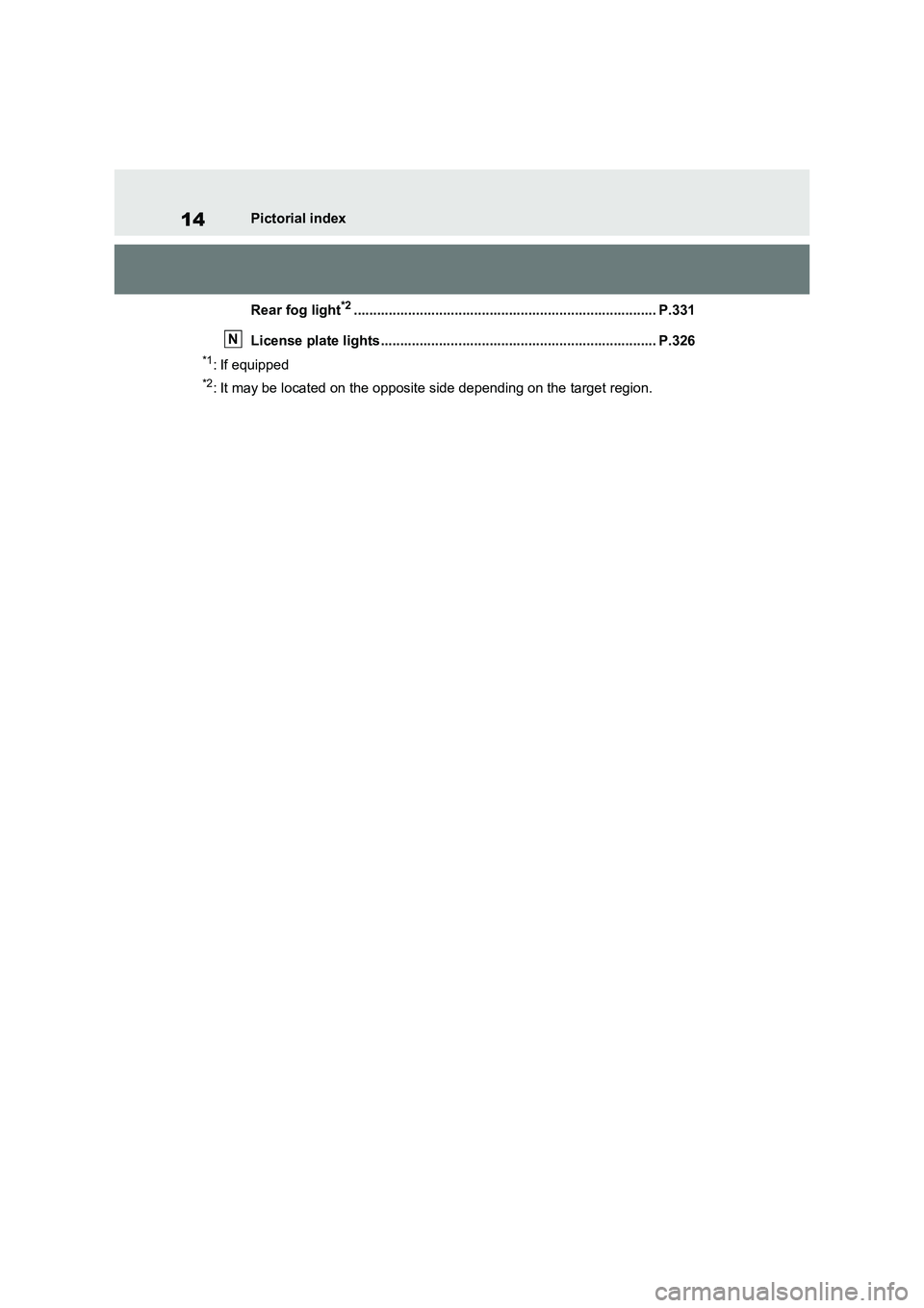 TOYOTA RAV4 PLUG-IN HYBRID 2023  Owners Manual 14Pictorial index
Rear fog light
*2.............................................................................. P.331
License plate lights............................................................