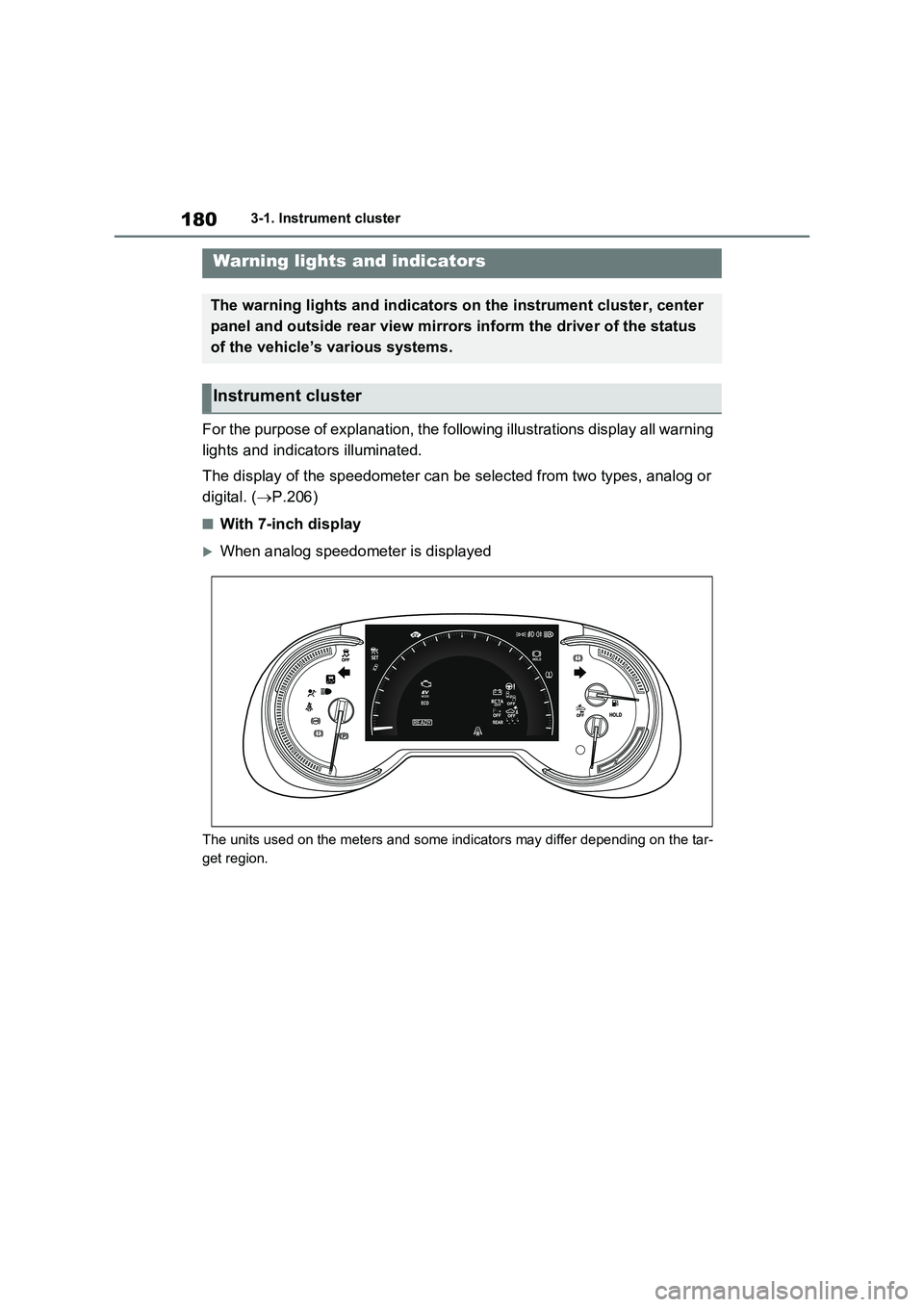 TOYOTA RAV4 PLUG-IN HYBRID 2023 Owners Manual 1803-1. Instrument cluster
3-1.In strument clu ste r
For the purpose of explanation, the following illustrations display all warning
lights and indicators illuminated.
The display of the speedomete TOYOTA RAV4 PLUG-IN HYBRID 2023 Owners Manual 1803-1. Instrument cluster
3-1.In strument clu ste r
For the purpose of explanation, the following illustrations display all warning
lights and indicators illuminated.
The display of the speedomete