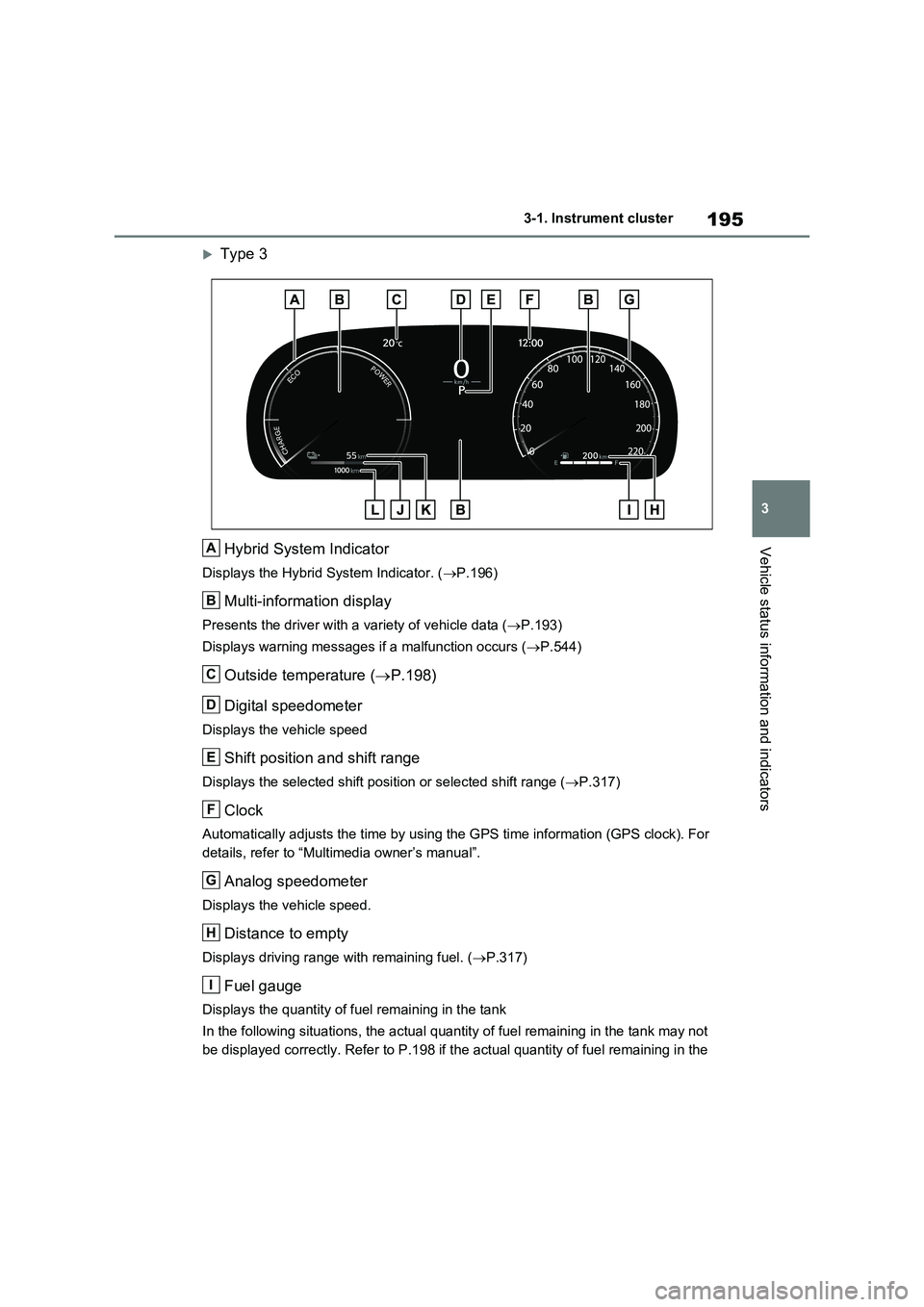 TOYOTA RAV4 PLUG-IN HYBRID 2023 Repair Manual 195
3 3-1. Instrument cluster
Vehicle status information and indicators
Type 3
Hybrid System Indicator
Displays the Hybrid System Indicator. (P.196)
Multi-information display
Presents the driver TOYOTA RAV4 PLUG-IN HYBRID 2023 Repair Manual 195
3 3-1. Instrument cluster
Vehicle status information and indicators
Type 3
Hybrid System Indicator
Displays the Hybrid System Indicator. (P.196)
Multi-information display
Presents the driver