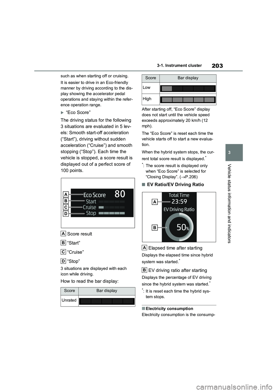 TOYOTA RAV4 PLUG-IN HYBRID 2023 Manual PDF 203
3 3-1. Instrument cluster
Vehicle status information and indicators
such as when starting off or cruising.
It is easier to drive in an Eco-friendly
manner by driving according to the dis-
play sh TOYOTA RAV4 PLUG-IN HYBRID 2023 Manual PDF 203
3 3-1. Instrument cluster
Vehicle status information and indicators
such as when starting off or cruising.
It is easier to drive in an Eco-friendly
manner by driving according to the dis-
play sh