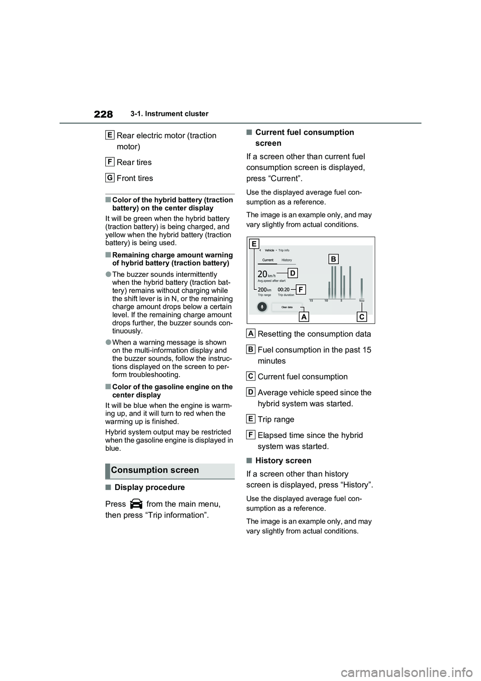 TOYOTA RAV4 PLUG-IN HYBRID 2023 Owners Manual 2283-1. Instrument cluster
Rear electric motor (traction
motor)
Rear tires
Front tires
■Color of the hybrid battery (traction
battery) on the center display
It will be green when the hybrid batter TOYOTA RAV4 PLUG-IN HYBRID 2023 Owners Manual 2283-1. Instrument cluster
Rear electric motor (traction
motor)
Rear tires
Front tires
■Color of the hybrid battery (traction
battery) on the center display
It will be green when the hybrid batter