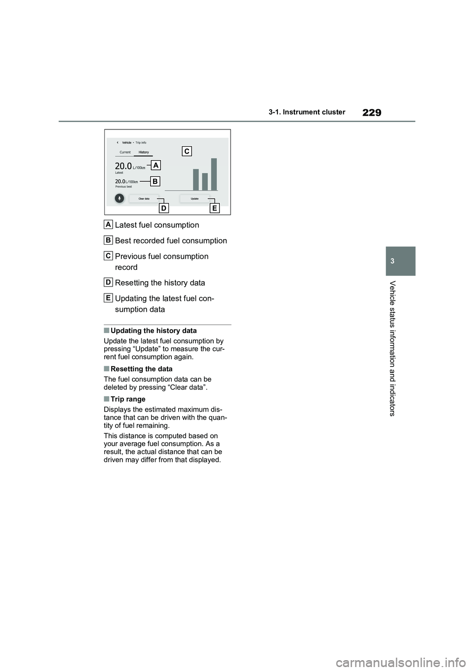 TOYOTA RAV4 PLUG-IN HYBRID 2023 Owners Manual 229
3 3-1. Instrument cluster
Vehicle status information and indicators
Latest fuel consumption
Best recorded fuel consumption
Previous fuel consumption
record
Resetting the history data
Updating the TOYOTA RAV4 PLUG-IN HYBRID 2023 Owners Manual 229
3 3-1. Instrument cluster
Vehicle status information and indicators
Latest fuel consumption
Best recorded fuel consumption
Previous fuel consumption
record
Resetting the history data
Updating the