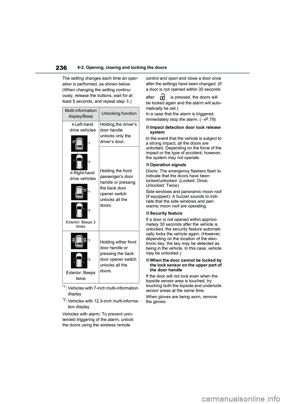 TOYOTA RAV4 PLUG-IN HYBRID 2023 Owners Manual 2364-2. Opening, closing and locking the doors
The setting changes each time an oper-
ation is performed, as shown below.
(When changing the setting continu-
ously, release the buttons, wait for at
TOYOTA RAV4 PLUG-IN HYBRID 2023 Owners Manual 2364-2. Opening, closing and locking the doors
The setting changes each time an oper-
ation is performed, as shown below.
(When changing the setting continu-
ously, release the buttons, wait for at