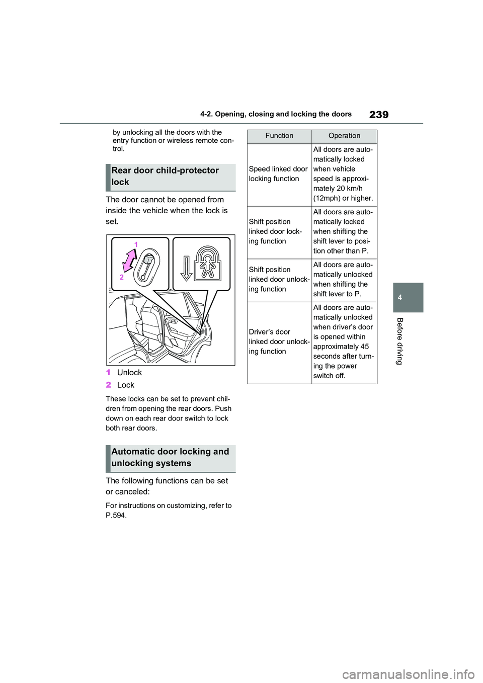 TOYOTA RAV4 PLUG-IN HYBRID 2023 Repair Manual 239
4
4-2. Opening, closing and locking the doors
Before driving
by unlocking all the doors with the
entry function or wireless remote con- trol.
The door cannot be opened from
inside the vehicle TOYOTA RAV4 PLUG-IN HYBRID 2023 Repair Manual 239
4
4-2. Opening, closing and locking the doors
Before driving
by unlocking all the doors with the
entry function or wireless remote con- trol.
The door cannot be opened from
inside the vehicle