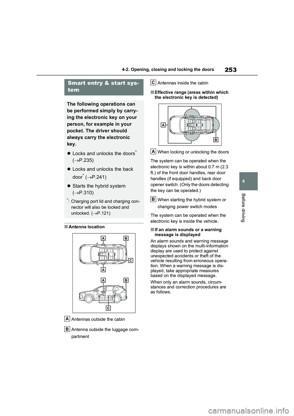TOYOTA RAV4 PLUG-IN HYBRID 2023 User Guide 253
4
4-2. Opening, closing and locking the doors
Before driving
■Antenna location
Antennas outside the cabin
Antenna outside the luggage com-
partment
Antennas inside the cabin
■Effective ra TOYOTA RAV4 PLUG-IN HYBRID 2023 User Guide 253
4
4-2. Opening, closing and locking the doors
Before driving
■Antenna location
Antennas outside the cabin
Antenna outside the luggage com-
partment
Antennas inside the cabin
■Effective ra
