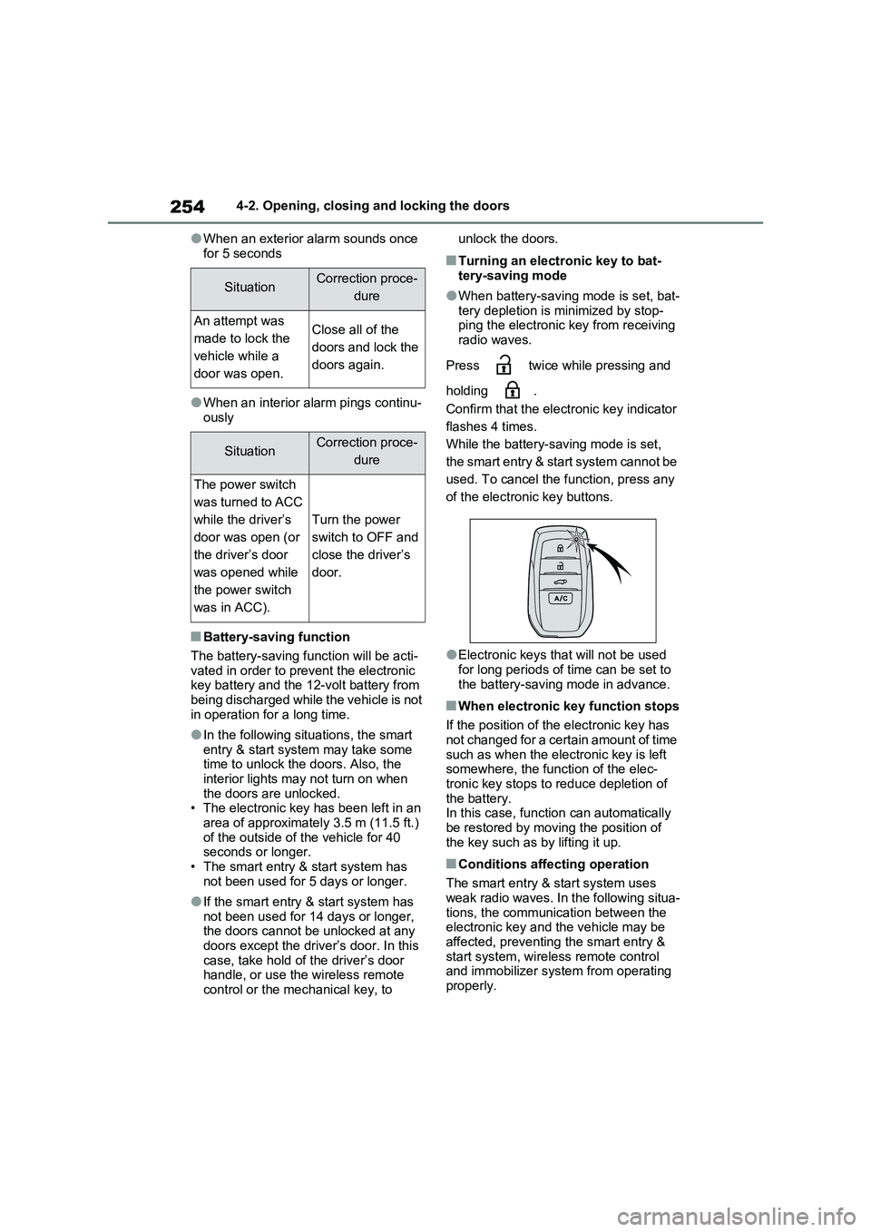 TOYOTA RAV4 PLUG-IN HYBRID 2023 Owners Manual 2544-2. Opening, closing and locking the doors
●When an exterior alarm sounds once
for 5 seconds
●When an interior alarm pings continu- ously
■Battery-saving function
The battery-saving funct TOYOTA RAV4 PLUG-IN HYBRID 2023 Owners Manual 2544-2. Opening, closing and locking the doors
●When an exterior alarm sounds once
for 5 seconds
●When an interior alarm pings continu- ously
■Battery-saving function
The battery-saving funct