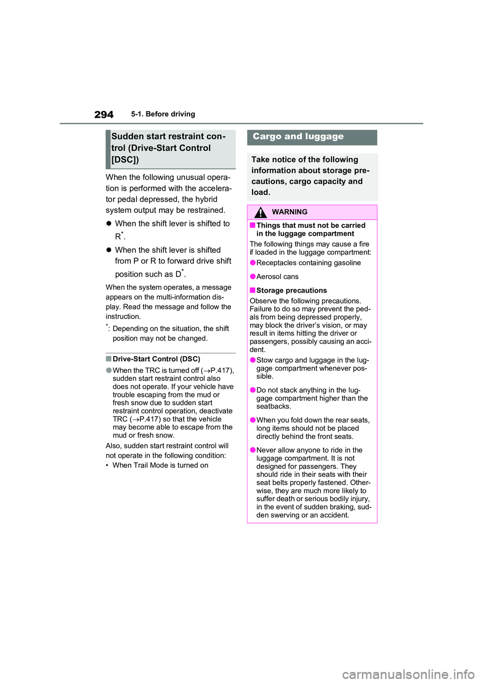 TOYOTA RAV4 PLUG-IN HYBRID 2023 Owners Manual 2945-1. Before driving
When the following unusual opera-
tion is performed with the accelera-
tor pedal depressed, the hybrid
system output may be restrained.
When the shift lever is shifted TOYOTA RAV4 PLUG-IN HYBRID 2023 Owners Manual 2945-1. Before driving
When the following unusual opera-
tion is performed with the accelera-
tor pedal depressed, the hybrid
system output may be restrained.
When the shift lever is shifted