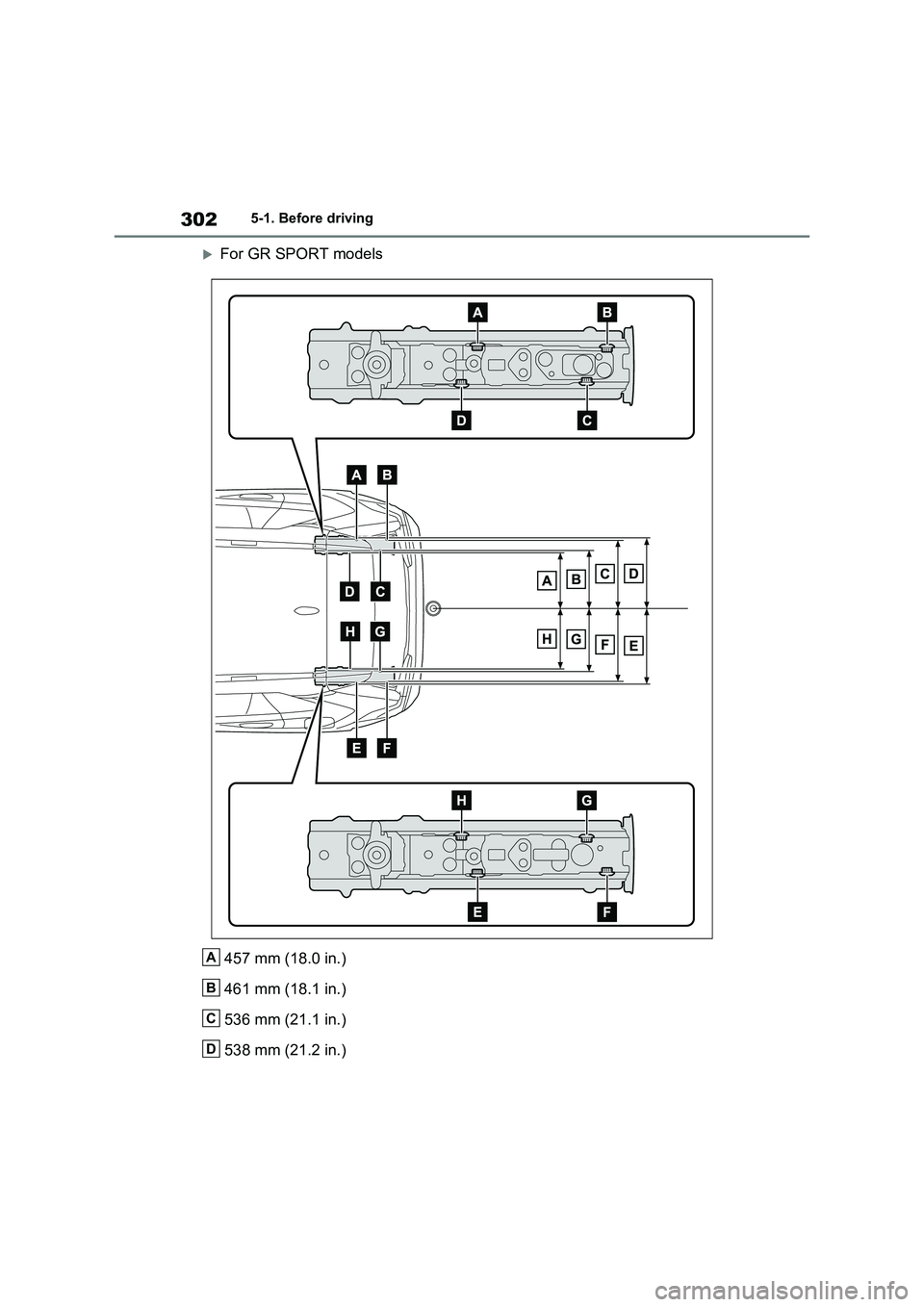 TOYOTA RAV4 PLUG-IN HYBRID 2023  Owners Manual 3025-1. Before driving
For GR SPORT models
457 mm (18.0 in.)
461 mm (18.1 in.)
536 mm (21.1 in.)
538 mm (21.2 in.)
A
B
C
D 