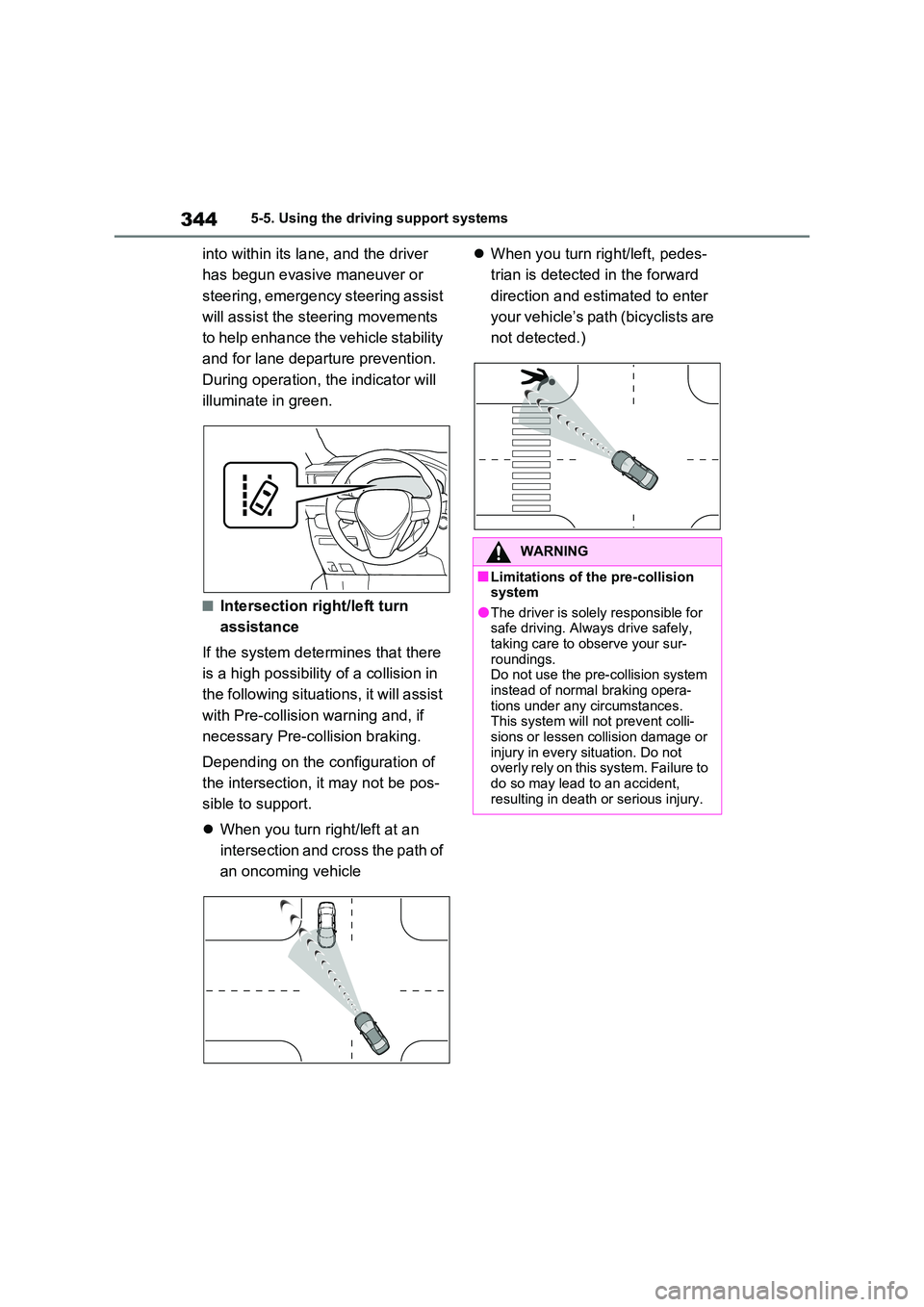 TOYOTA RAV4 PLUG-IN HYBRID 2023 Service Manual 3445-5. Using the driving support systems
into within its lane, and the driver
has begun evasive maneuver or
steering, emergency steering assist
will assist the steering movements
to help enha TOYOTA RAV4 PLUG-IN HYBRID 2023 Service Manual 3445-5. Using the driving support systems
into within its lane, and the driver
has begun evasive maneuver or
steering, emergency steering assist
will assist the steering movements
to help enha