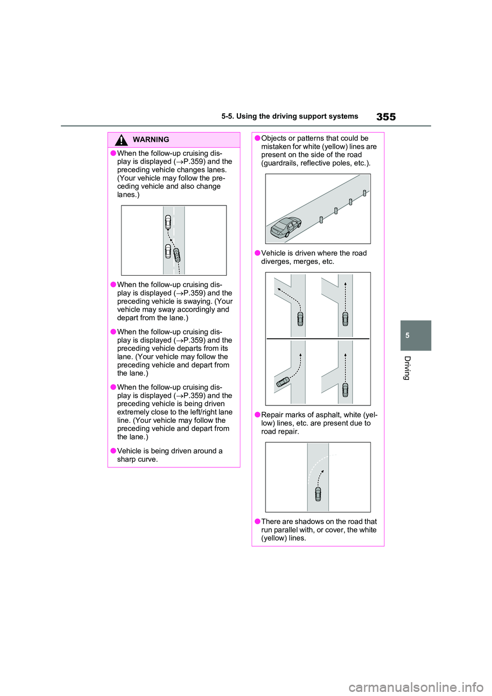 TOYOTA RAV4 PLUG-IN HYBRID 2023 Owners Manual 355
5
5-5. Using the driving support systems
Driving
WARNING
●When the follow-up cruising dis- play is displayed ( P.359) and the
preceding vehicle changes lanes. (Your vehicle may follow the TOYOTA RAV4 PLUG-IN HYBRID 2023 Owners Manual 355
5
5-5. Using the driving support systems
Driving
WARNING
●When the follow-up cruising dis- play is displayed ( P.359) and the
preceding vehicle changes lanes. (Your vehicle may follow the