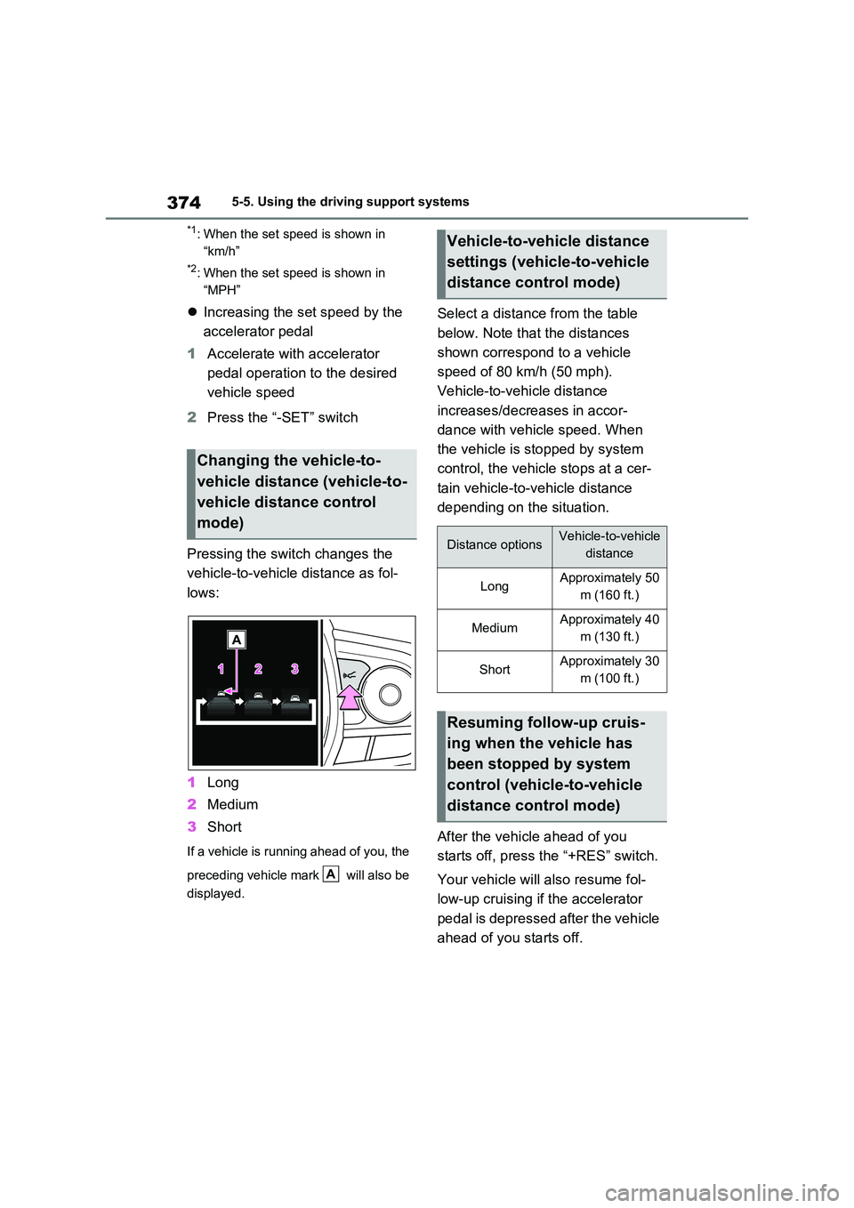 TOYOTA RAV4 PLUG-IN HYBRID 2023 Owners Manual 3745-5. Using the driving support systems
*1: When the set speed is shown in
“km/h”
*2: When the set speed is shown in
“MPH”
Increasing the set speed by the
accelerator pedal
1 Accel TOYOTA RAV4 PLUG-IN HYBRID 2023 Owners Manual 3745-5. Using the driving support systems
*1: When the set speed is shown in
“km/h”
*2: When the set speed is shown in
“MPH”
Increasing the set speed by the
accelerator pedal
1 Accel