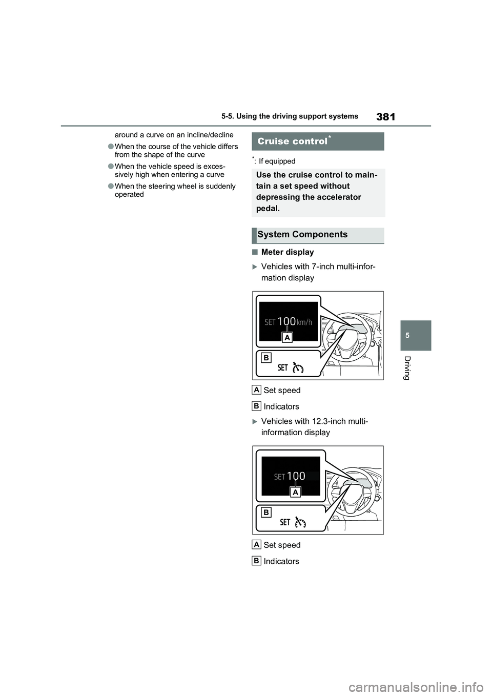 TOYOTA RAV4 PLUG-IN HYBRID 2023 Owners Manual 381
5 5-5. Using the driving support systems
Driving
around a curve on an incline/decline
●When the course of the vehicle differs
from the shape of the curve
●When the vehicle speed is exces-
siv TOYOTA RAV4 PLUG-IN HYBRID 2023 Owners Manual 381
5 5-5. Using the driving support systems
Driving
around a curve on an incline/decline
●When the course of the vehicle differs
from the shape of the curve
●When the vehicle speed is exces-
siv