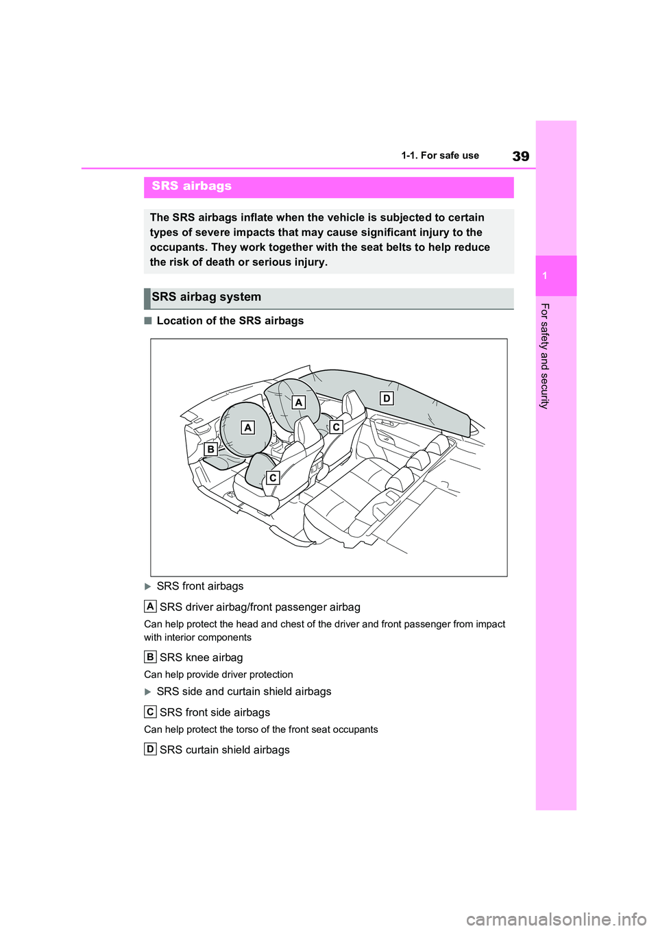 TOYOTA RAV4 PLUG-IN HYBRID 2023 Service Manual 39
1
1-1. For safe use
For safety and security
■Location of the SRS airbags
SRS front airbags
SRS driver airbag/front passenger airbag
Can help protect the head and chest of the driver and fron TOYOTA RAV4 PLUG-IN HYBRID 2023 Service Manual 39
1
1-1. For safe use
For safety and security
■Location of the SRS airbags
SRS front airbags
SRS driver airbag/front passenger airbag
Can help protect the head and chest of the driver and fron