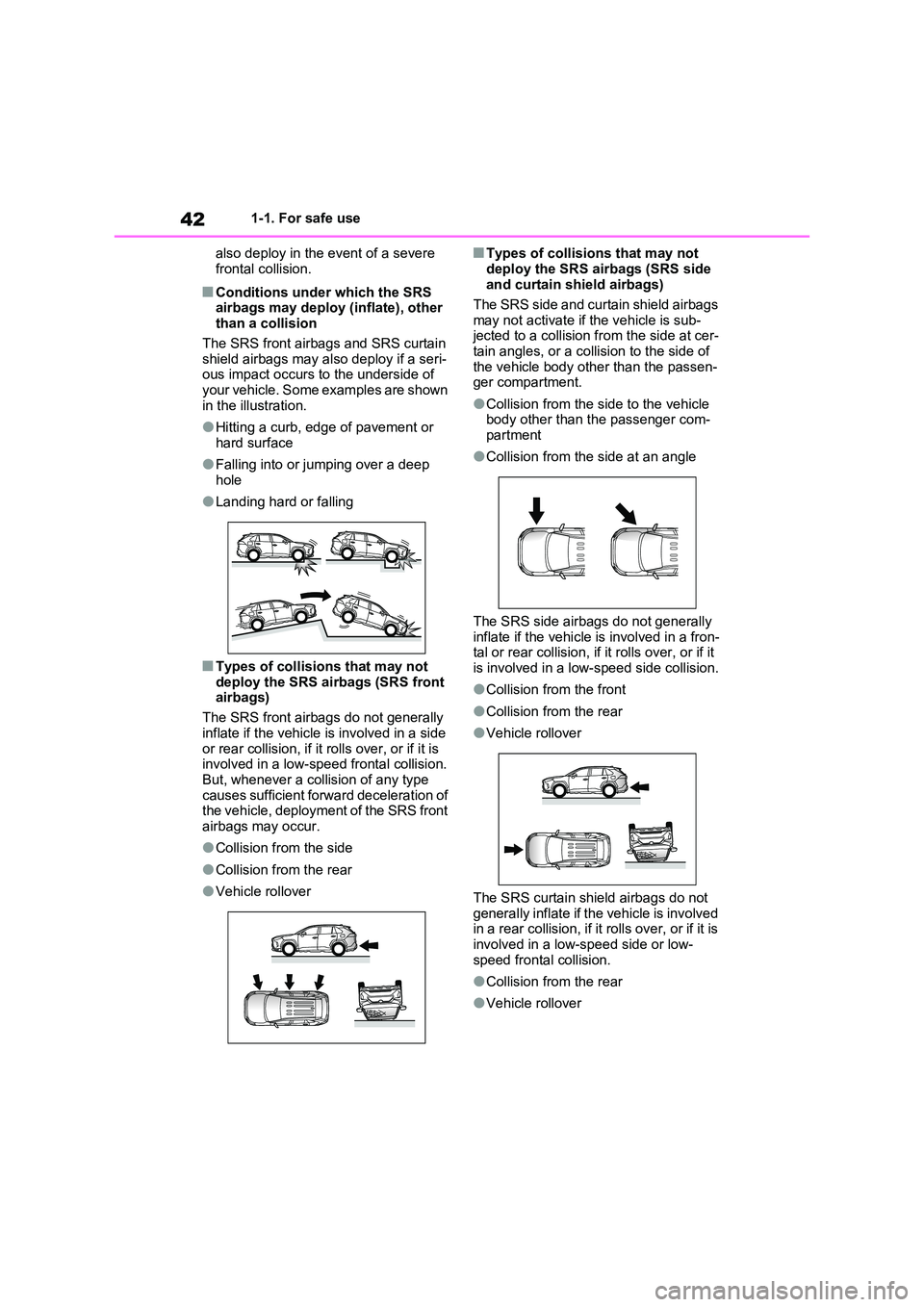 TOYOTA RAV4 PLUG-IN HYBRID 2023 Service Manual 421-1. For safe use
also deploy in the event of a severe
frontal collision.
■Conditions under which the SRS airbags may deploy (inflate), other than a collision
The SRS front airbags and SRS cu TOYOTA RAV4 PLUG-IN HYBRID 2023 Service Manual 421-1. For safe use
also deploy in the event of a severe
frontal collision.
■Conditions under which the SRS airbags may deploy (inflate), other than a collision
The SRS front airbags and SRS cu