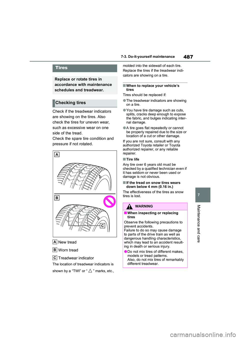 TOYOTA RAV4 PLUG-IN HYBRID 2023 Owners Manual 487
7
7-3. Do-it-yourself maintenance
Maintenance and care
Check if the treadwear indicators
are showing on the tires. Also
check the tires for uneven wear,
such as excessive wear on one
side TOYOTA RAV4 PLUG-IN HYBRID 2023 Owners Manual 487
7
7-3. Do-it-yourself maintenance
Maintenance and care
Check if the treadwear indicators
are showing on the tires. Also
check the tires for uneven wear,
such as excessive wear on one
side