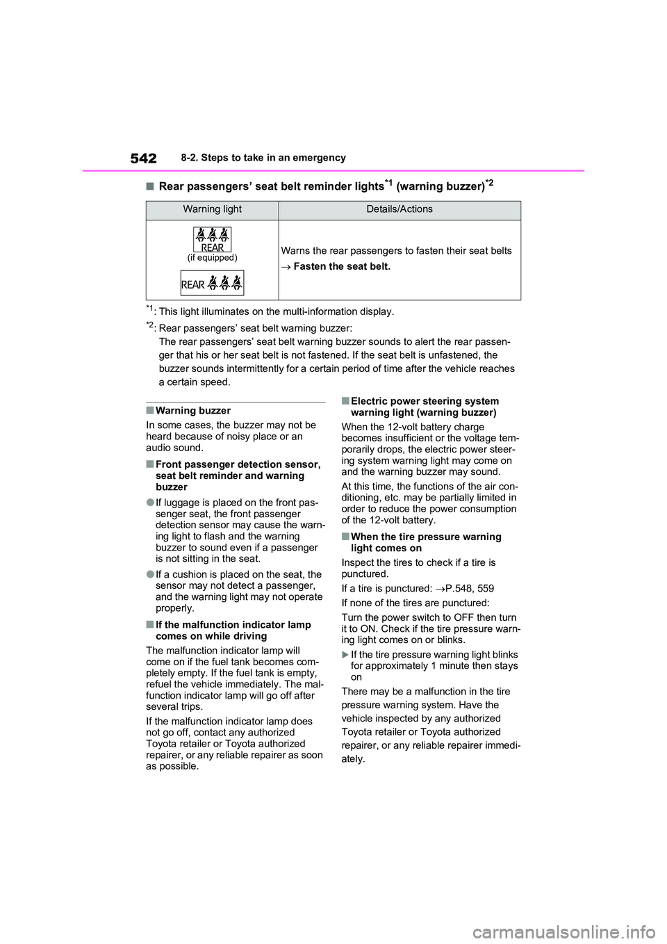 TOYOTA RAV4 PLUG-IN HYBRID 2023 Manual PDF 5428-2. Steps to take in an emergency
■Rear passengers’ seat belt reminder lights*1 (warning buzzer)*2
*1: This light illuminates on the multi-information display.
*2: Rear passengers’ seat belt TOYOTA RAV4 PLUG-IN HYBRID 2023 Manual PDF 5428-2. Steps to take in an emergency
■Rear passengers’ seat belt reminder lights*1 (warning buzzer)*2
*1: This light illuminates on the multi-information display.
*2: Rear passengers’ seat belt