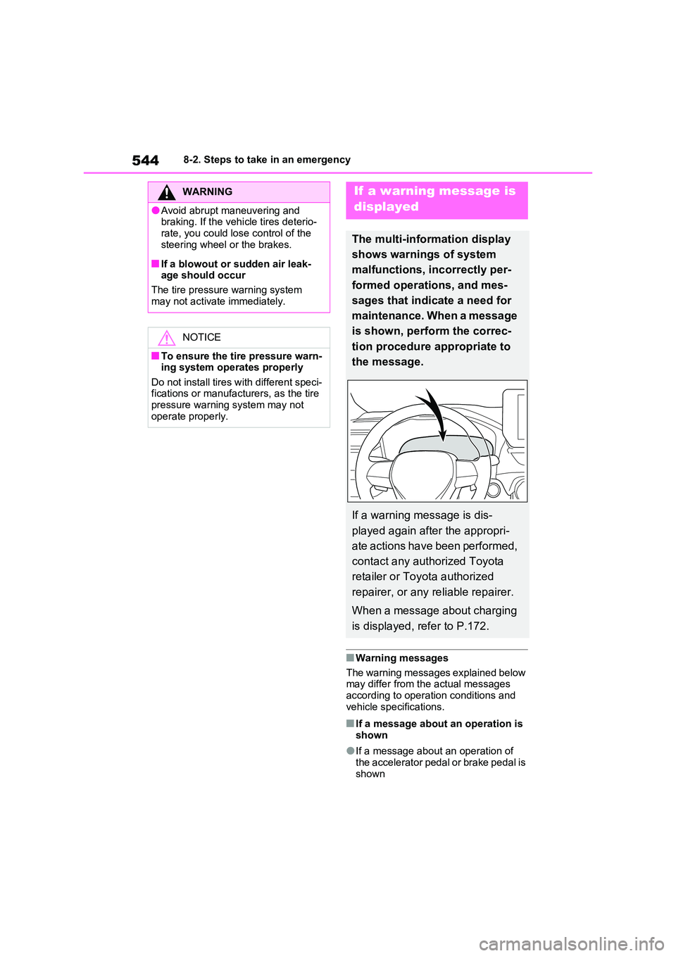 TOYOTA RAV4 PLUG-IN HYBRID 2023 Owners Manual 5448-2. Steps to take in an emergency
■Warning messages
The warning messages explained below may differ from the actual messages
according to operation conditions and vehicle specifications.
TOYOTA RAV4 PLUG-IN HYBRID 2023 Owners Manual 5448-2. Steps to take in an emergency
■Warning messages
The warning messages explained below may differ from the actual messages
according to operation conditions and vehicle specifications.
