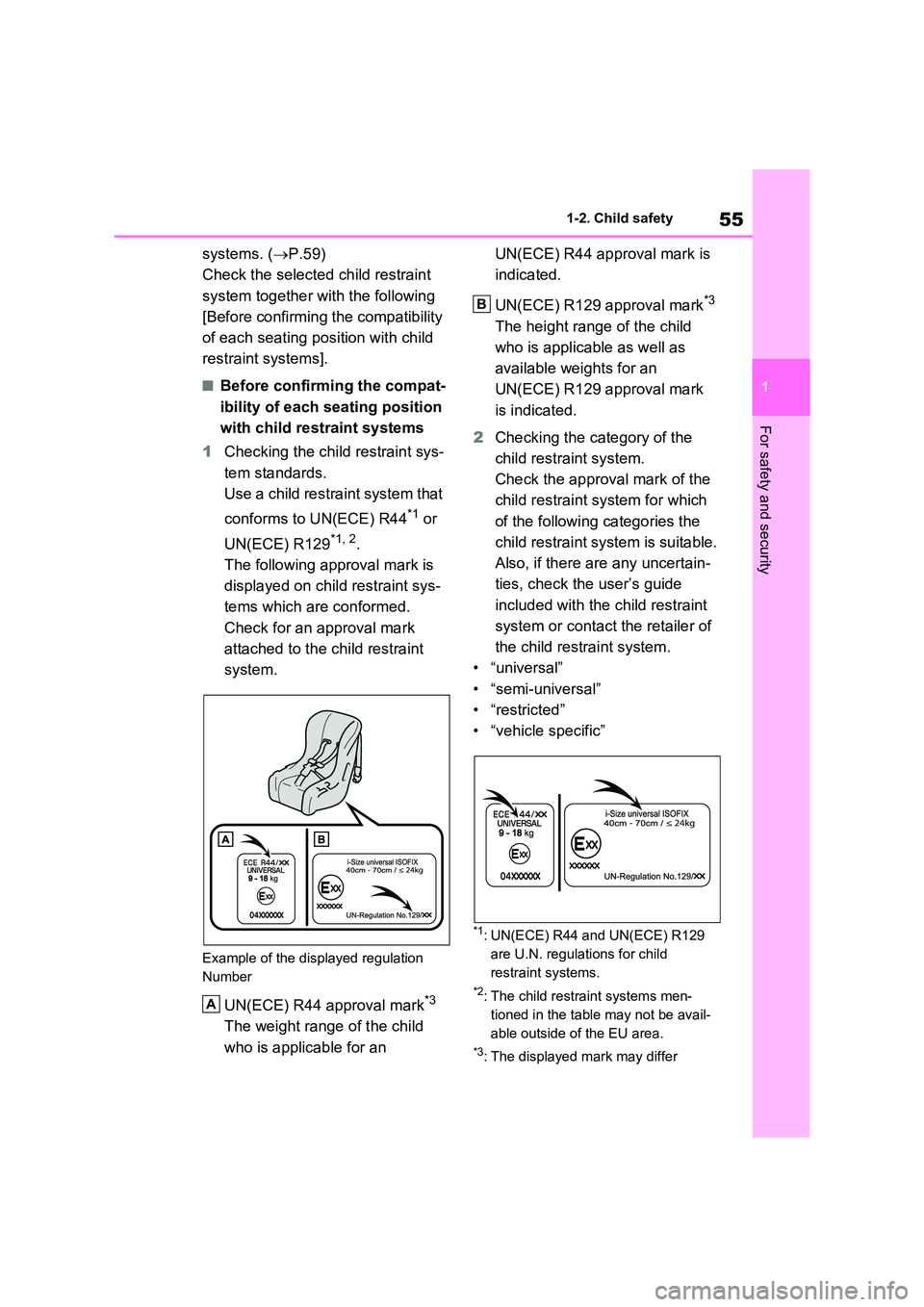 TOYOTA RAV4 PLUG-IN HYBRID 2023 Owners Manual 55
1
1-2. Child safety
For safety and security
systems. ( P.59)
Check the selected child restraint
system together with the following
[Before confirming the compatibility
of each seating po TOYOTA RAV4 PLUG-IN HYBRID 2023 Owners Manual 55
1
1-2. Child safety
For safety and security
systems. ( P.59)
Check the selected child restraint
system together with the following
[Before confirming the compatibility
of each seating po