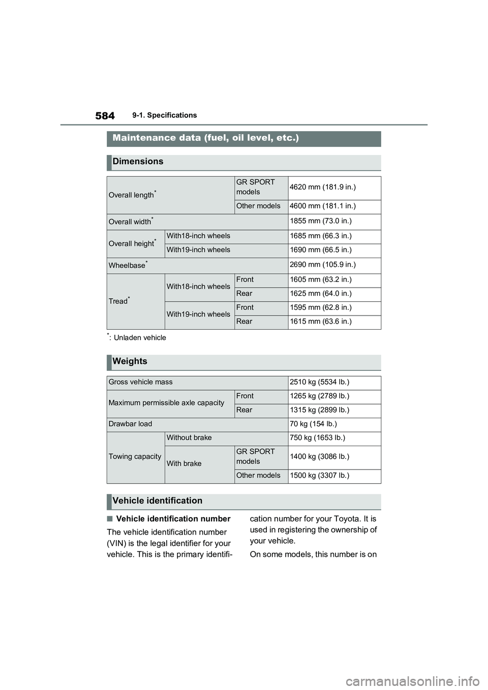 TOYOTA RAV4 PLUG-IN HYBRID 2023 Owners Manual 5849-1. Specifications
9-1.Spec ific ations
*: Unladen vehicle
■Vehicle identification number
The vehicle identification number
(VIN) is the legal identifier for your
vehicle. This is the primary TOYOTA RAV4 PLUG-IN HYBRID 2023 Owners Manual 5849-1. Specifications
9-1.Spec ific ations
*: Unladen vehicle
■Vehicle identification number
The vehicle identification number
(VIN) is the legal identifier for your
vehicle. This is the primary