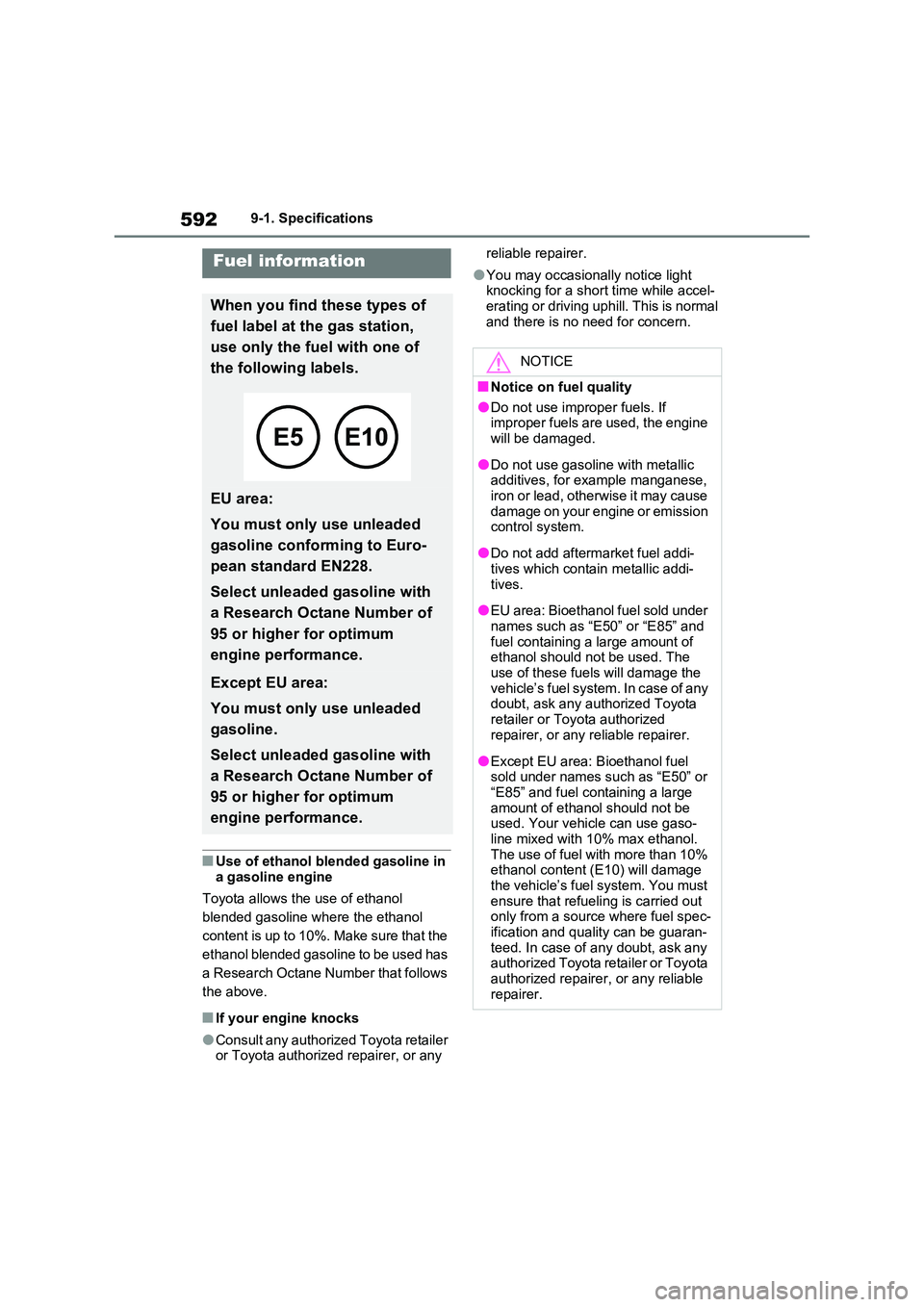 TOYOTA RAV4 PLUG-IN HYBRID 2023 Manual PDF 5929-1. Specifications
■Use of ethanol blended gasoline in
a gasoline engine
Toyota allows the use of ethanol
blended gasoline where the ethanol
content is up to 10%. Make sure that the
ethan TOYOTA RAV4 PLUG-IN HYBRID 2023 Manual PDF 5929-1. Specifications
■Use of ethanol blended gasoline in
a gasoline engine
Toyota allows the use of ethanol
blended gasoline where the ethanol
content is up to 10%. Make sure that the
ethan