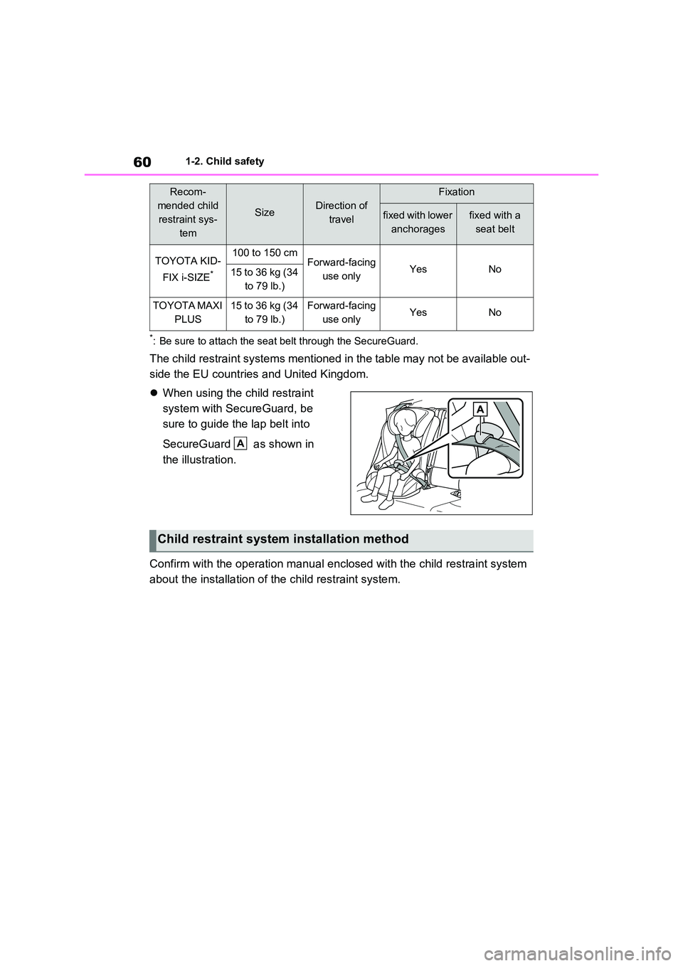 TOYOTA RAV4 PLUG-IN HYBRID 2023 Repair Manual 601-2. Child safety
*: Be sure to attach the seat belt through the SecureGuard.
The child restraint systems mentioned in the table may not be available out-
side the EU countries and United Kingdom. TOYOTA RAV4 PLUG-IN HYBRID 2023 Repair Manual 601-2. Child safety
*: Be sure to attach the seat belt through the SecureGuard.
The child restraint systems mentioned in the table may not be available out-
side the EU countries and United Kingdom.