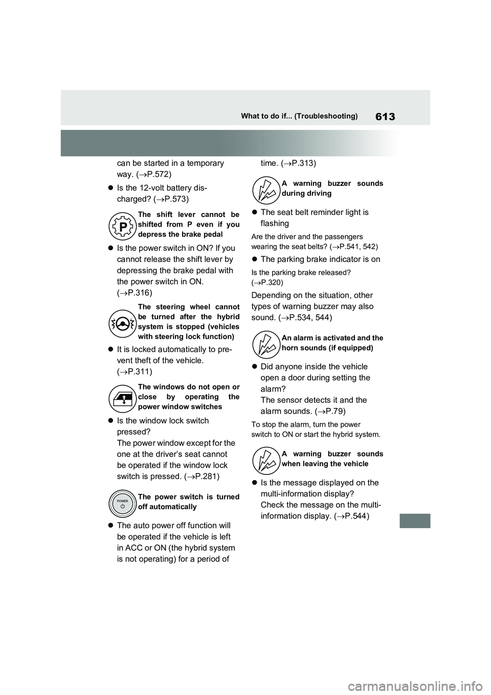 TOYOTA RAV4 PLUG-IN HYBRID 2023 Manual Online 613What to do if... (Troubleshooting)
can be started in a temporary
way. ( P.572)
Is the 12-volt battery dis-
charged? ( P.573)
Is the power switch in ON? If you
cannot release th TOYOTA RAV4 PLUG-IN HYBRID 2023 Manual Online 613What to do if... (Troubleshooting)
can be started in a temporary
way. ( P.572)
Is the 12-volt battery dis-
charged? ( P.573)
Is the power switch in ON? If you
cannot release th