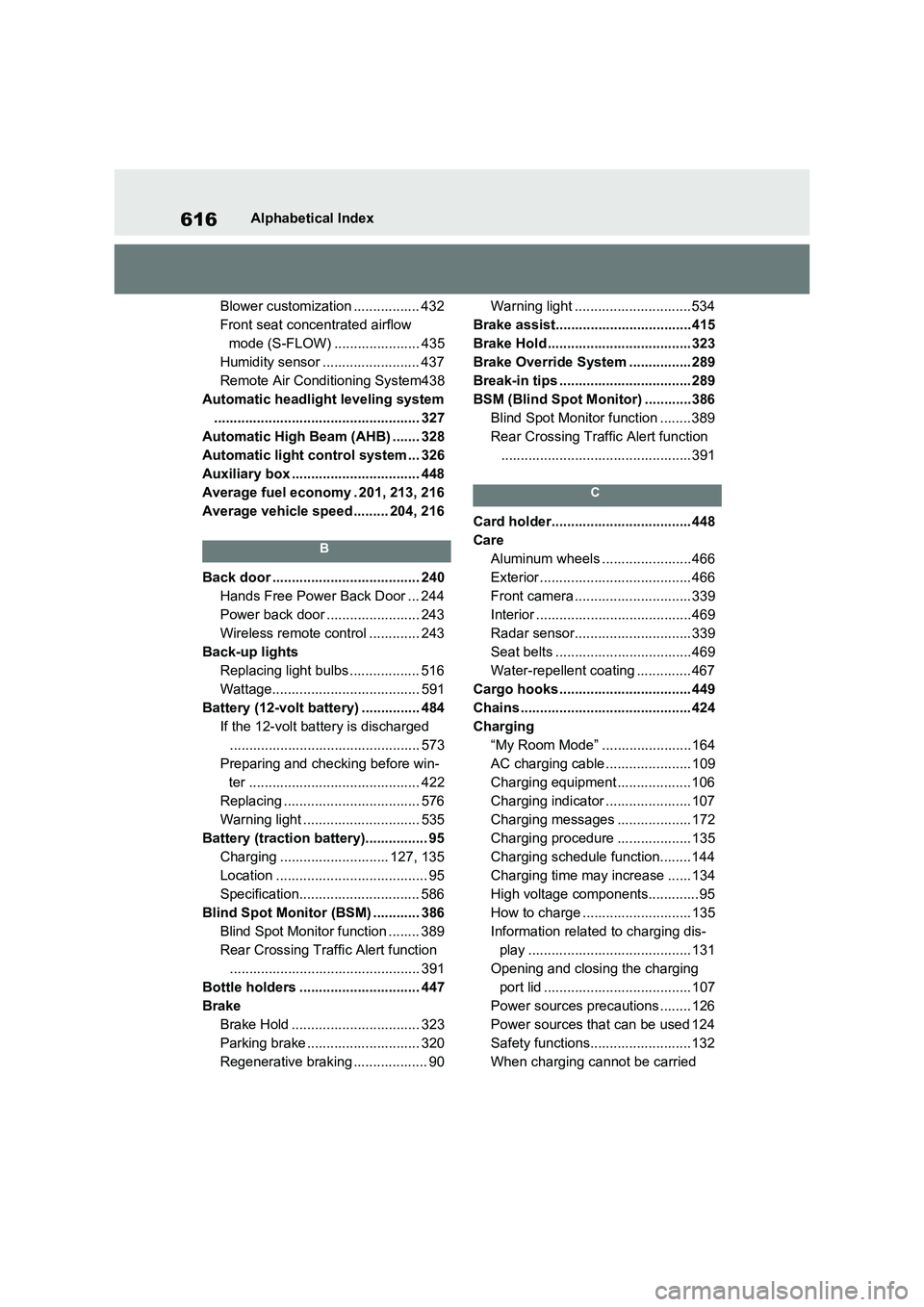TOYOTA RAV4 PLUG-IN HYBRID 2023  Owners Manual 616Alphabetical Index
Blower customization ................. 432
Front seat concentrated airflow 
mode (S-FLOW) ...................... 435
Humidity sensor ......................... 437
Remote Air Cond