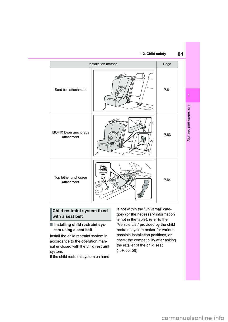 TOYOTA RAV4 PLUG-IN HYBRID 2023 Owners Manual 61
1
1-2. Child safety
For safety and security
■Installing child restraint sys-
tem using a seat belt
Install the child restraint system in
accordance to the operation man-
ual enclosed with t TOYOTA RAV4 PLUG-IN HYBRID 2023 Owners Manual 61
1
1-2. Child safety
For safety and security
■Installing child restraint sys-
tem using a seat belt
Install the child restraint system in
accordance to the operation man-
ual enclosed with t