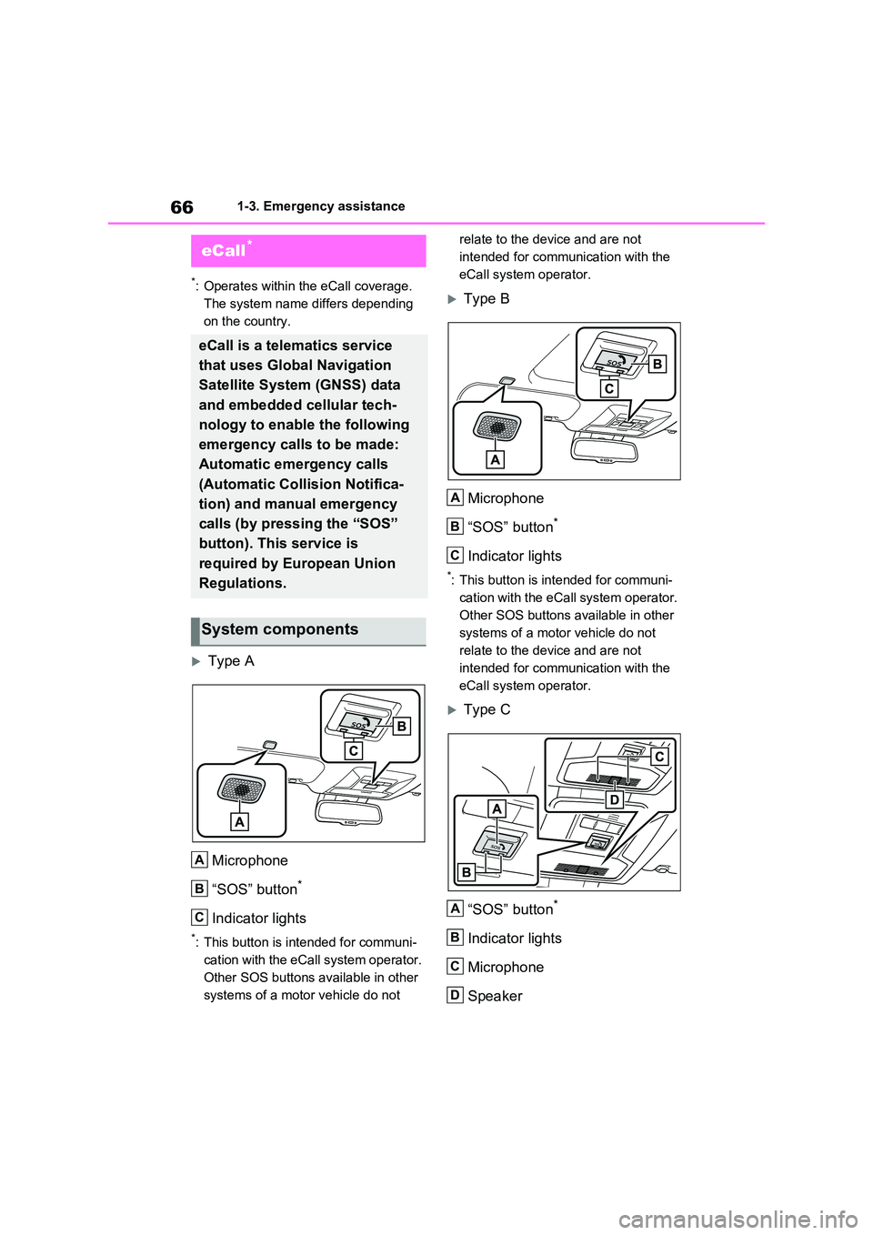 TOYOTA RAV4 PLUG-IN HYBRID 2023  Owners Manual 661-3. Emergency assistance
1-3.Emerg ency  as sista nce
*: Operates within the eCall coverage.  
The system name differs depending 
on the country.
Type A 
Microphone 
“SOS” button*
Indicator 