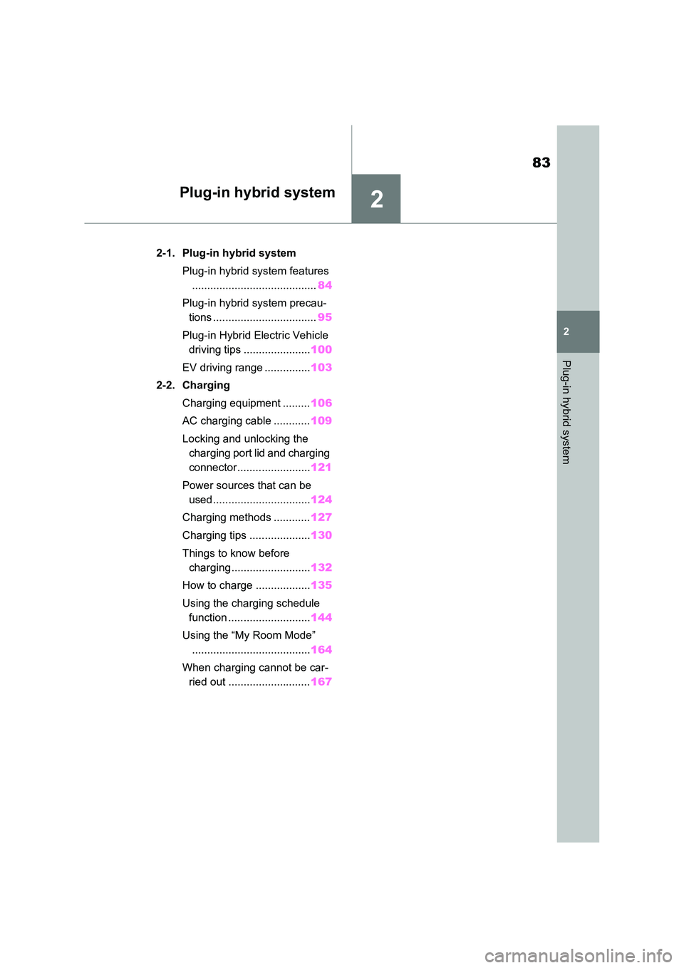 TOYOTA RAV4 PLUG-IN HYBRID 2023 Owners Manual 2
83
2
Plug-in hybrid system
Plug-in hybrid system
2-1. Plug-in hybrid system
Plug-in hybrid system features
......................................... 84
Plug-in hybrid system precau-
tions ...... TOYOTA RAV4 PLUG-IN HYBRID 2023 Owners Manual 2
83
2
Plug-in hybrid system
Plug-in hybrid system
2-1. Plug-in hybrid system
Plug-in hybrid system features
......................................... 84
Plug-in hybrid system precau-
tions ......