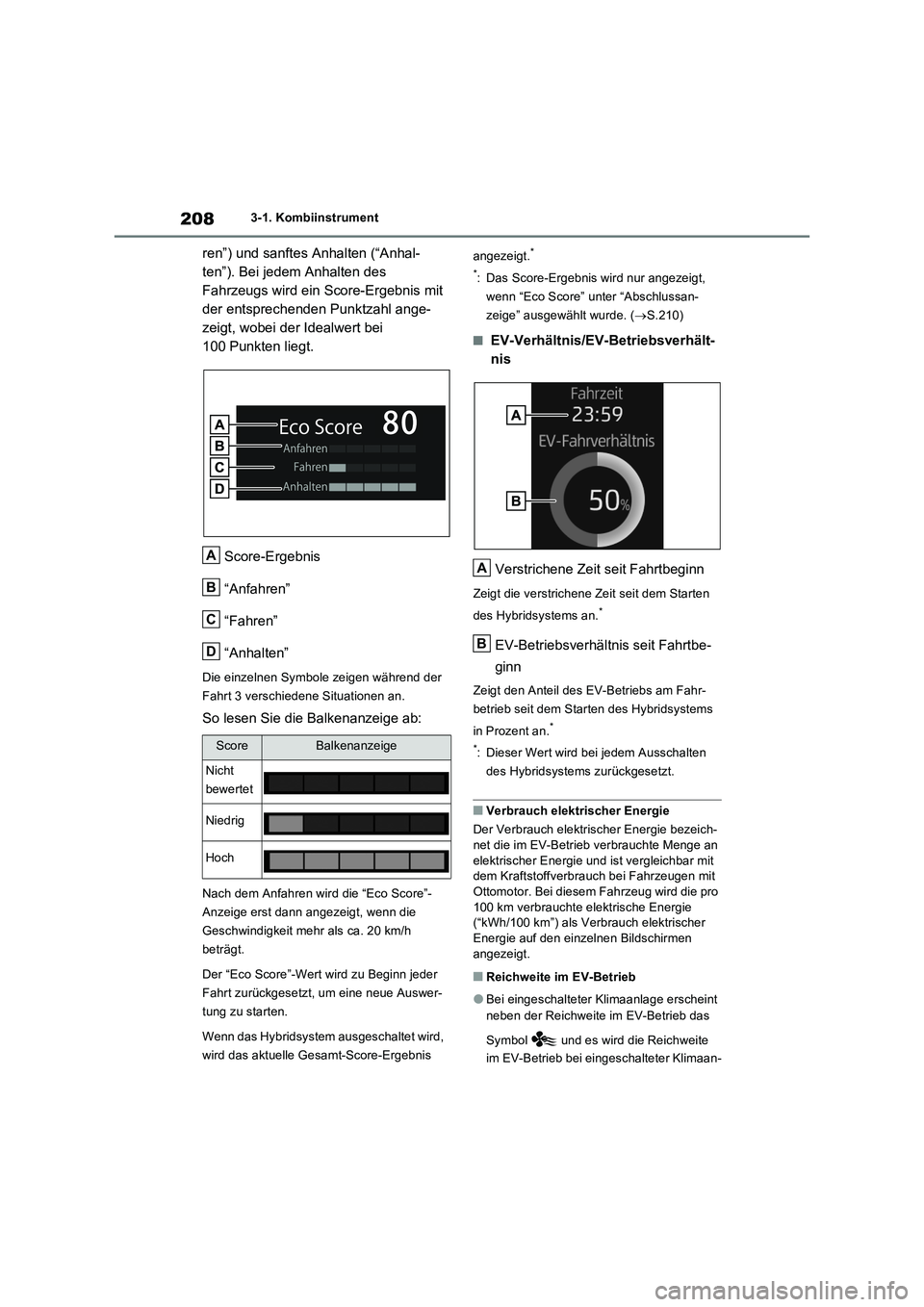 TOYOTA RAV4 PLUG-IN HYBRID 2023  Betriebsanleitungen (in German) 2083-1. Kombiinstrument
ren”) und sanftes Anhalten (“Anhal-
ten”). Bei jedem Anhalten des 
Fahrzeugs wird ein Score-Ergebnis mit 
der entsprechenden Punktzahl ange-
zeigt, wobei der Idealwert be