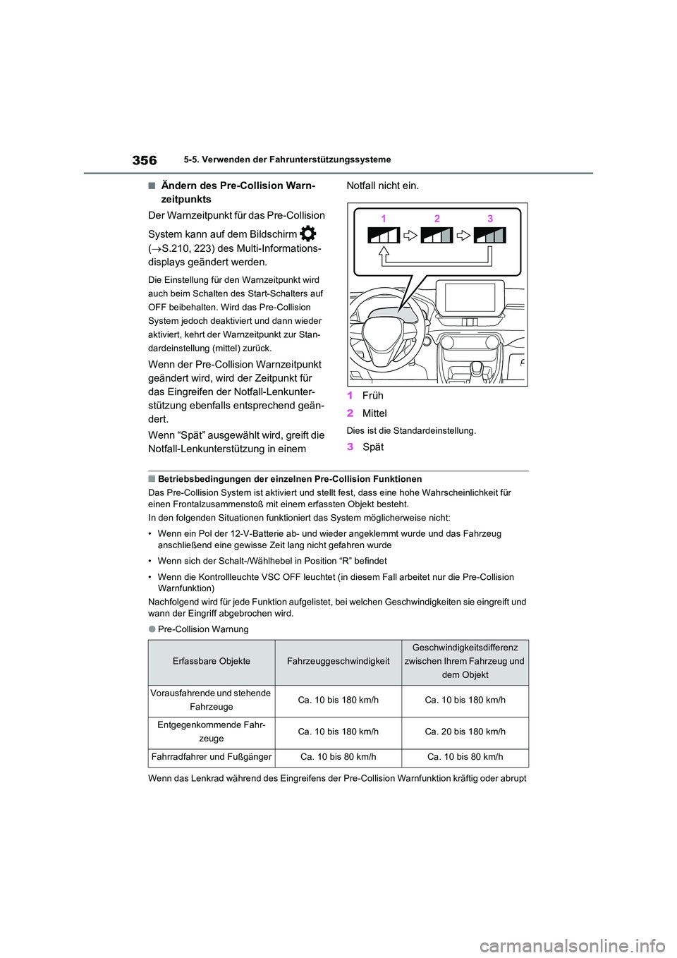TOYOTA RAV4 PLUG-IN HYBRID 2023  Betriebsanleitungen (in German) 3565-5. Verwenden der Fahrunterstützungssysteme
■Ändern des Pre-Collision Warn- 
zeitpunkts 
Der Warnzeitpunkt für das Pre-Collision  
System kann auf dem Bildschirm    
( S.210, 223) des Mult