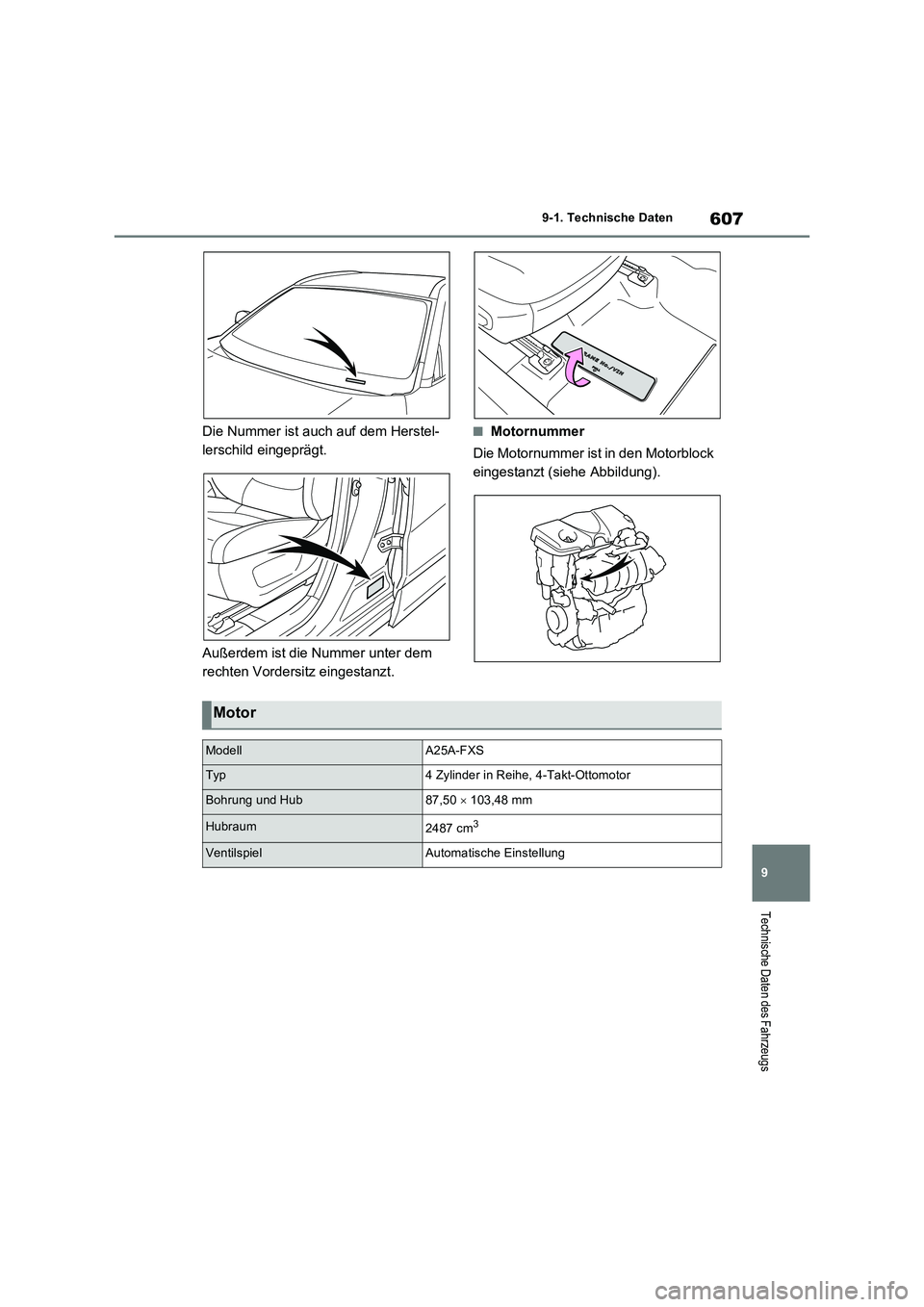 TOYOTA RAV4 PLUG-IN HYBRID 2023  Betriebsanleitungen (in German) 607
9 
9-1. Technische Daten
Technische Daten des Fahrzeugs
Die Nummer ist auch auf dem Herstel- 
lerschild eingeprägt. 
Außerdem ist die Nummer unter dem  
rechten Vordersitz eingestanzt.
■Motorn