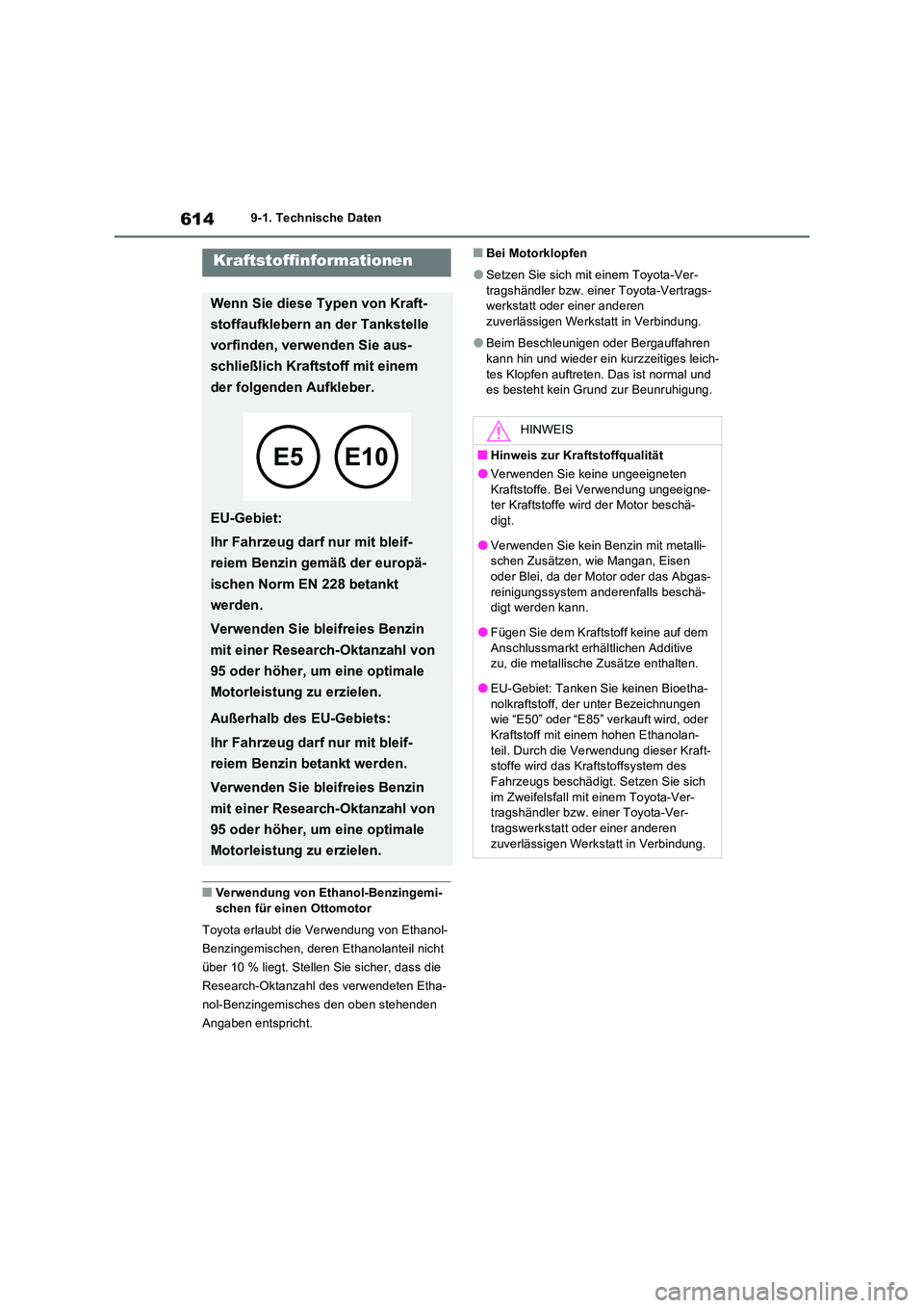 TOYOTA RAV4 PLUG-IN HYBRID 2023 Betriebsanleitungen (in German) 6149-1. Technische Daten
■Verwendung von Ethanol-Benzingemi- schen für einen Ottomotor
Toyota erlaubt die Verwendung von Ethanol-
Benzingemischen, deren Ethanolanteil nicht
über 10 % liegt. Ste TOYOTA RAV4 PLUG-IN HYBRID 2023 Betriebsanleitungen (in German) 6149-1. Technische Daten
■Verwendung von Ethanol-Benzingemi- schen für einen Ottomotor
Toyota erlaubt die Verwendung von Ethanol-
Benzingemischen, deren Ethanolanteil nicht
über 10 % liegt. Ste