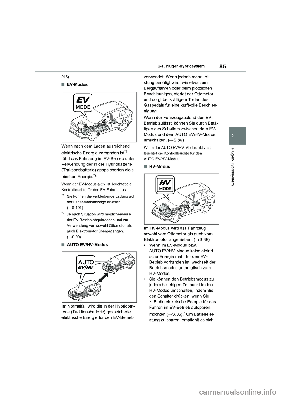 TOYOTA RAV4 PLUG-IN HYBRID 2023 Betriebsanleitungen (in German) 85
2
2-1. Plug-in-Hybridsystem
Plug-in-Hybridsystem
216)
■EV-Modus
Wenn nach dem Laden ausreichend
elektrische Energie vorhanden ist*1,
fährt das Fahrzeug im EV-Betrieb unter
Verwendung der TOYOTA RAV4 PLUG-IN HYBRID 2023 Betriebsanleitungen (in German) 85
2
2-1. Plug-in-Hybridsystem
Plug-in-Hybridsystem
216)
■EV-Modus
Wenn nach dem Laden ausreichend
elektrische Energie vorhanden ist*1,
fährt das Fahrzeug im EV-Betrieb unter
Verwendung der