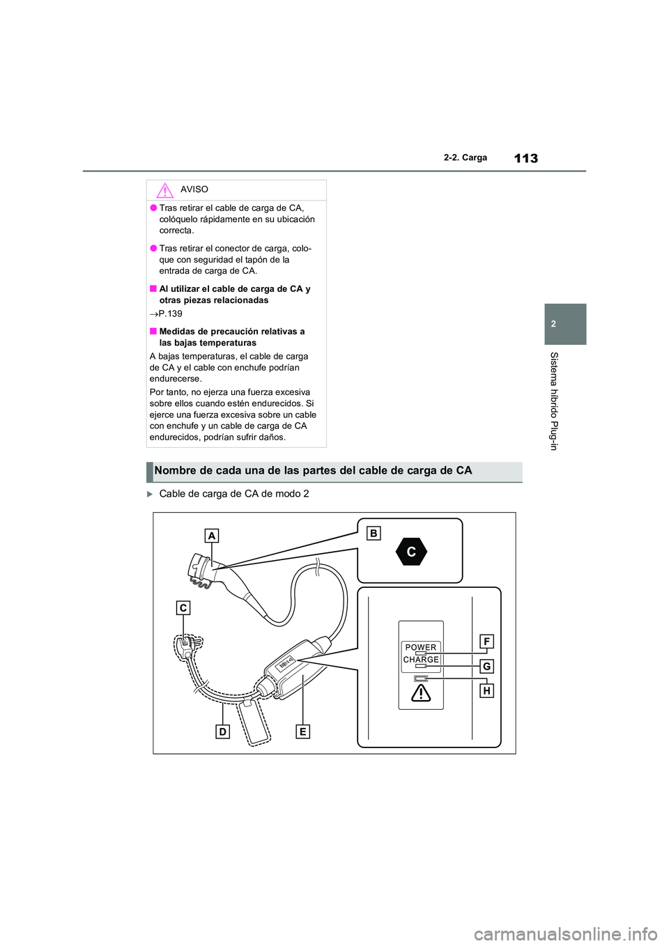 TOYOTA RAV4 PLUG-IN HYBRID 2023 Manual del propietario (in Spanish) 113
2
2-2. Carga
Sistema híbrido Plug-in
Cable de carga de CA de modo 2
AVISO
●Tras retirar el cable de carga de CA,
colóquelo rápidamente en su ubicación correcta.
●Tras retirar el con TOYOTA RAV4 PLUG-IN HYBRID 2023 Manual del propietario (in Spanish) 113
2
2-2. Carga
Sistema híbrido Plug-in
Cable de carga de CA de modo 2
AVISO
●Tras retirar el cable de carga de CA,
colóquelo rápidamente en su ubicación correcta.
●Tras retirar el con