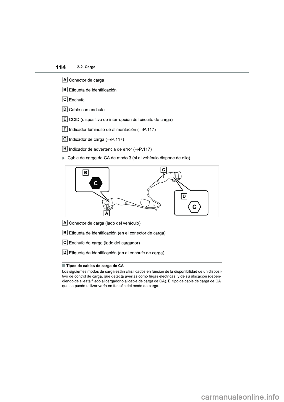 TOYOTA RAV4 PLUG-IN HYBRID 2023 Manual del propietario (in Spanish) 1142-2. Carga
Conector de carga
Etiqueta de identificación
Enchufe
Cable con enchufe
CCID (dispositivo de interrupción del circuito de carga)
Indicador luminoso de alimentación ( P.117)
Ind TOYOTA RAV4 PLUG-IN HYBRID 2023 Manual del propietario (in Spanish) 1142-2. Carga
Conector de carga
Etiqueta de identificación
Enchufe
Cable con enchufe
CCID (dispositivo de interrupción del circuito de carga)
Indicador luminoso de alimentación ( P.117)
Ind