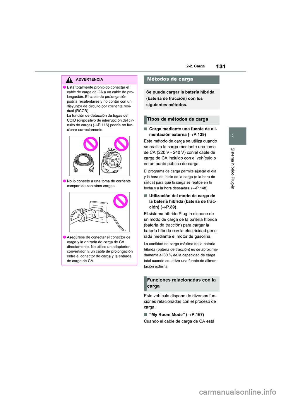 TOYOTA RAV4 PLUG-IN HYBRID 2023 Manual del propietario (in Spanish) 131
2
2-2. Carga
Sistema híbrido Plug-in
■Carga mediante una fuente de ali-
mentación externa ( P.139)
Este método de carga se utiliza cuando
se realiza la carga mediante una toma
de CA TOYOTA RAV4 PLUG-IN HYBRID 2023 Manual del propietario (in Spanish) 131
2
2-2. Carga
Sistema híbrido Plug-in
■Carga mediante una fuente de ali-
mentación externa ( P.139)
Este método de carga se utiliza cuando
se realiza la carga mediante una toma
de CA