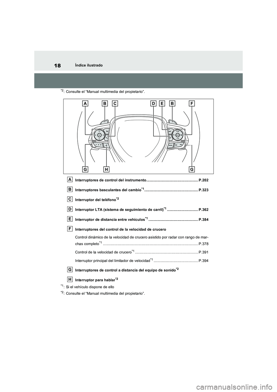TOYOTA RAV4 PLUG-IN HYBRID 2023 Manual del propietario (in Spanish) 18Índice ilustrado
*2: Consulte el “Manual multimedia del propietario”.
Interruptores de control del instrumento.................................................. P.202
Interruptores basculantes TOYOTA RAV4 PLUG-IN HYBRID 2023 Manual del propietario (in Spanish) 18Índice ilustrado
*2: Consulte el “Manual multimedia del propietario”.
Interruptores de control del instrumento.................................................. P.202
Interruptores basculantes