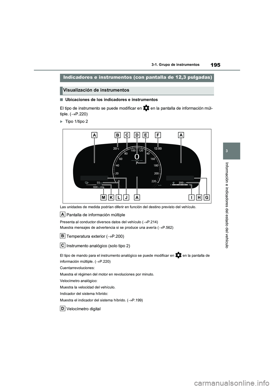 TOYOTA RAV4 PLUG-IN HYBRID 2023 Manual del propietario (in Spanish) 195
3 3-1. Grupo de instrumentos
Información e indicadores del estado del vehículo
■Ubicaciones de los indicadores e instrumentos
El tipo de instrumento se puede modificar en en la pantalla de i TOYOTA RAV4 PLUG-IN HYBRID 2023 Manual del propietario (in Spanish) 195
3 3-1. Grupo de instrumentos
Información e indicadores del estado del vehículo
■Ubicaciones de los indicadores e instrumentos
El tipo de instrumento se puede modificar en en la pantalla de i