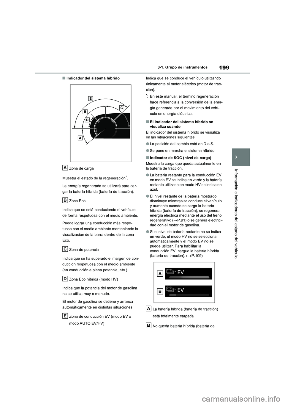 TOYOTA RAV4 PLUG-IN HYBRID 2023 Manual del propietario (in Spanish) 199
3 3-1. Grupo de instrumentos
Información e indicadores del estado del vehículo
■Indicador del sistema híbrido
Zona de carga
Muestra el estado de la regeneración
*.
La energía regenerada se TOYOTA RAV4 PLUG-IN HYBRID 2023 Manual del propietario (in Spanish) 199
3 3-1. Grupo de instrumentos
Información e indicadores del estado del vehículo
■Indicador del sistema híbrido
Zona de carga
Muestra el estado de la regeneración
*.
La energía regenerada se